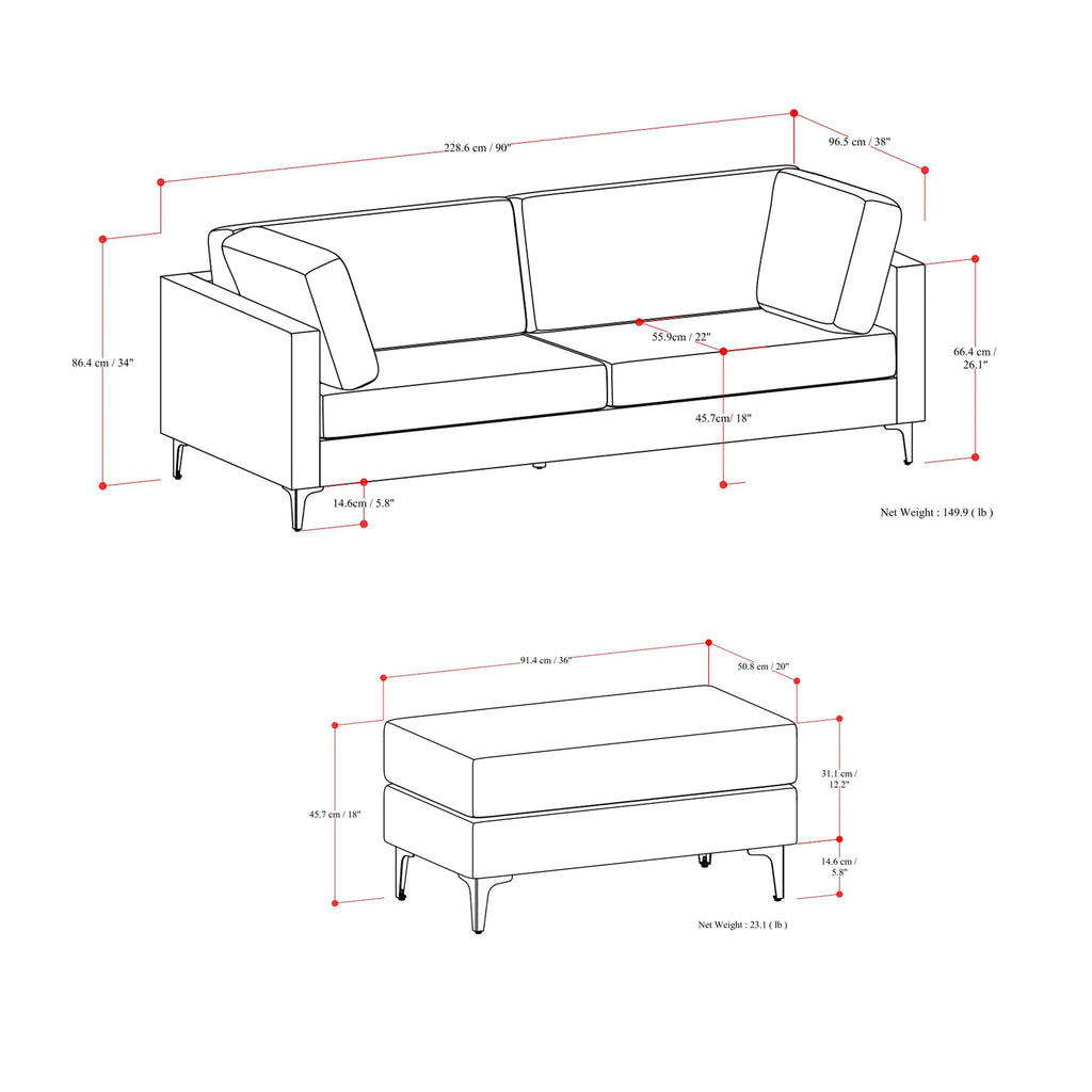 Ava - Mid Century Sofa With Ottoman Set