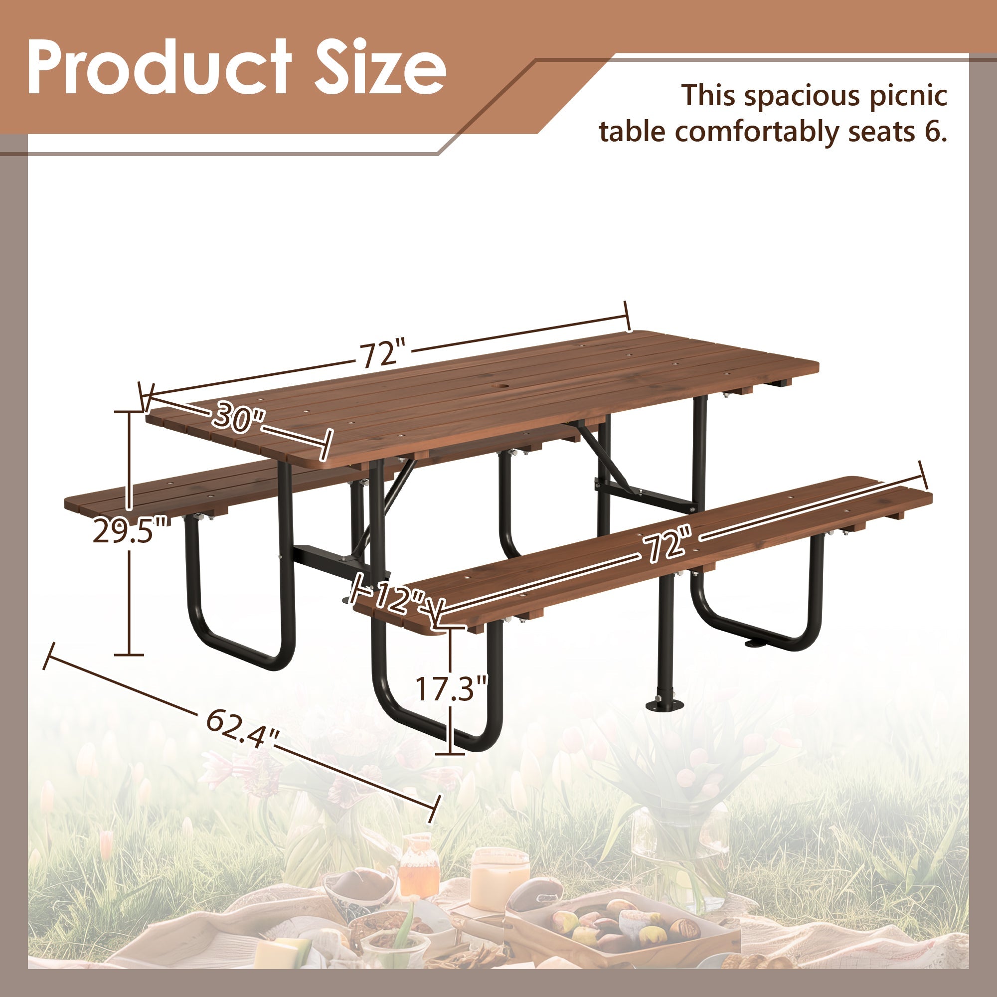 72" Rectangular Outdoor Picnic Table for 6 Person