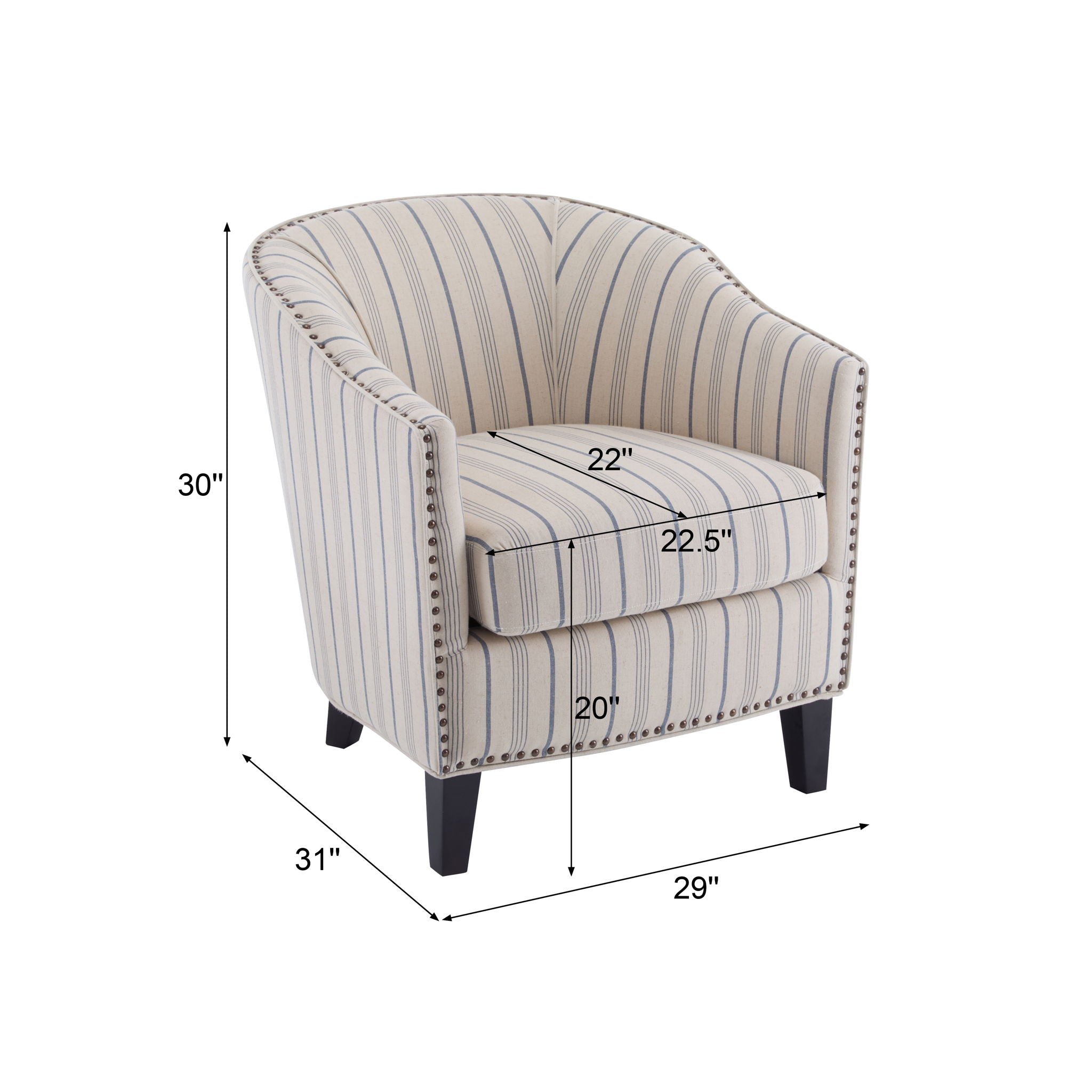 Transitional Upholstered Stripe Barrel Chair With Birch Wood Legs And Plush Cushioned Seat