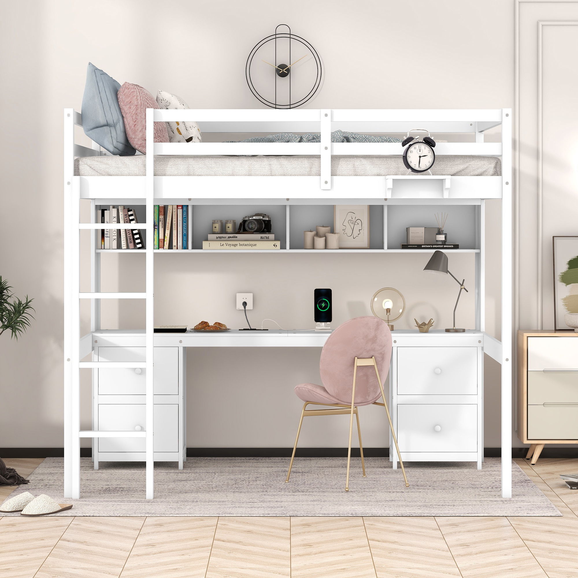 Loft Bed With Desk, Cabinets, Drawers, Charging Station And Bedside Tray