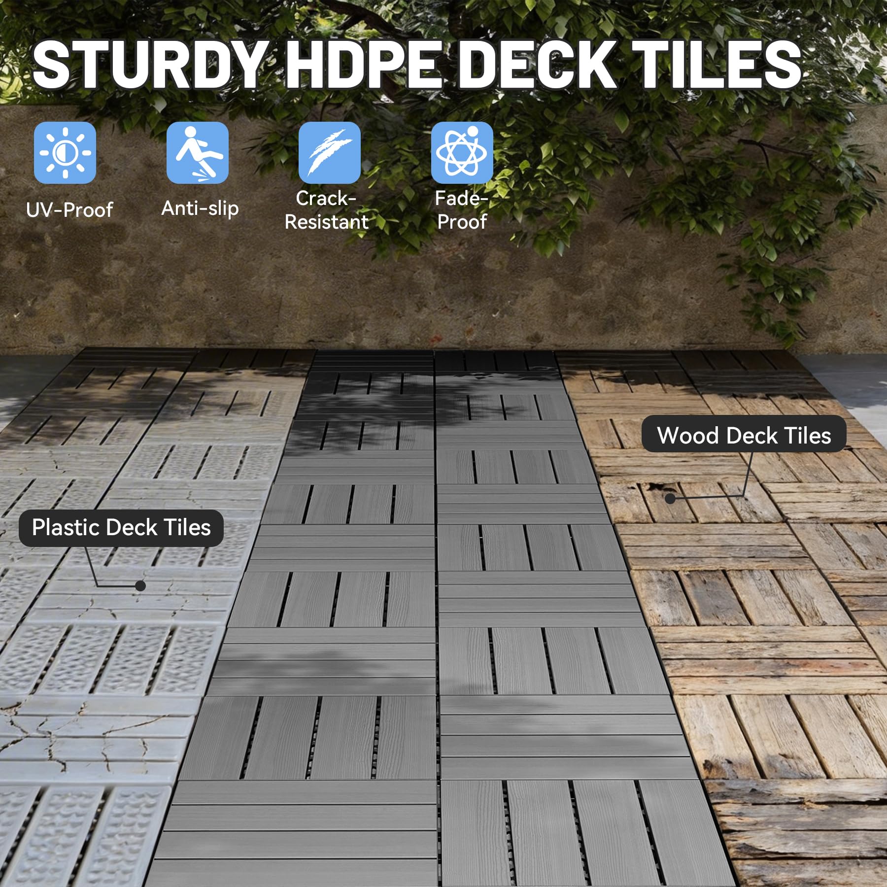 9 Pcs Interlocking Deck Tiles, 12" x 12" HDPE Outdoor Flooring