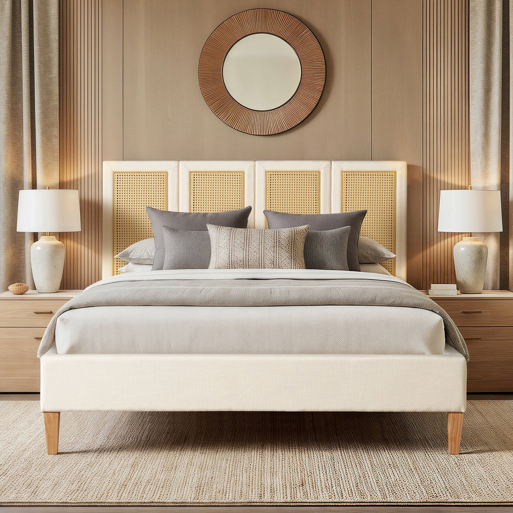 Toscana Queen Upholstered Cane Back Platform Bed