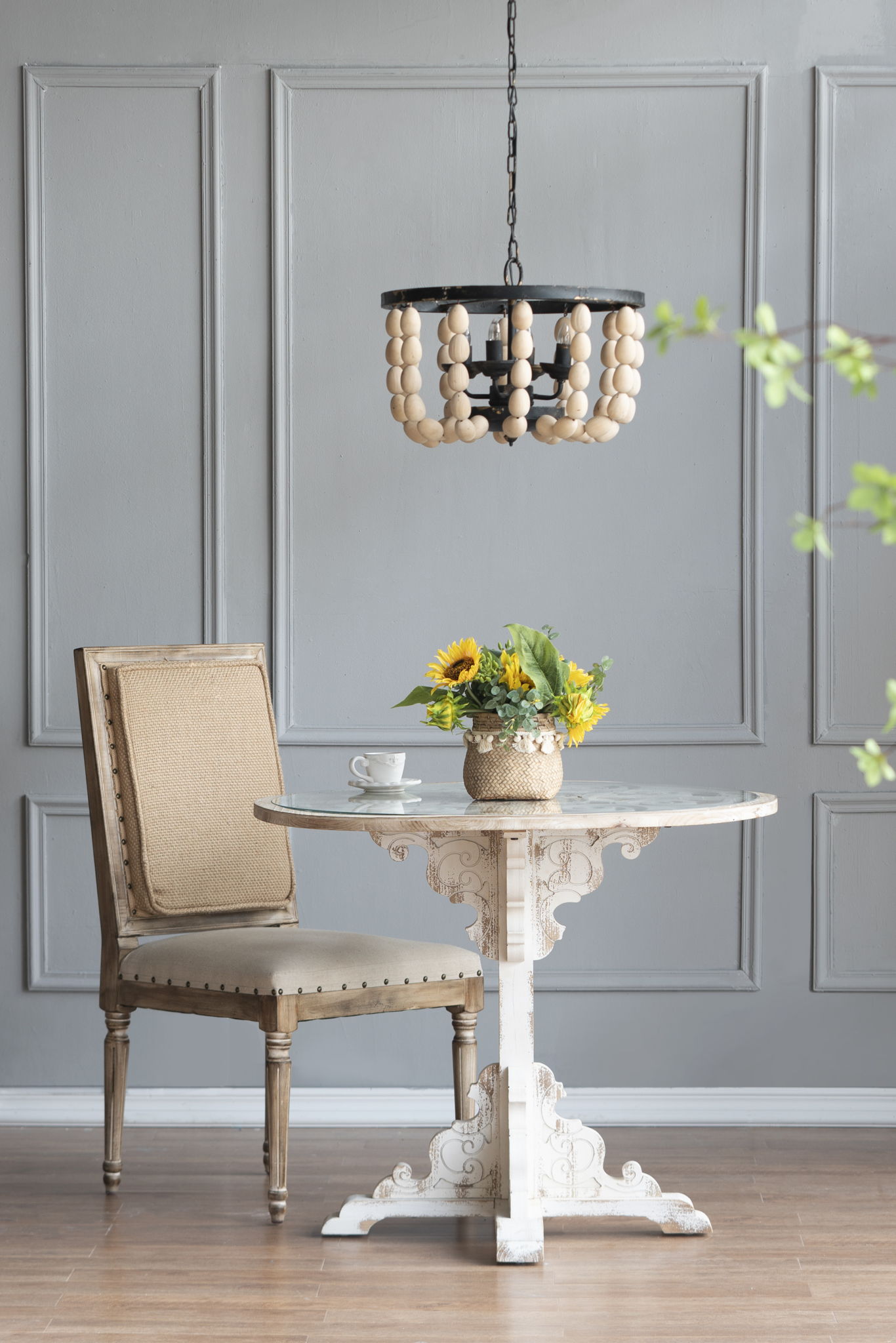 4 Light Wood Chandelier, Hanging Light Fixture With Adjustable Chain For Kitchen, Bulb Not Included - Cream