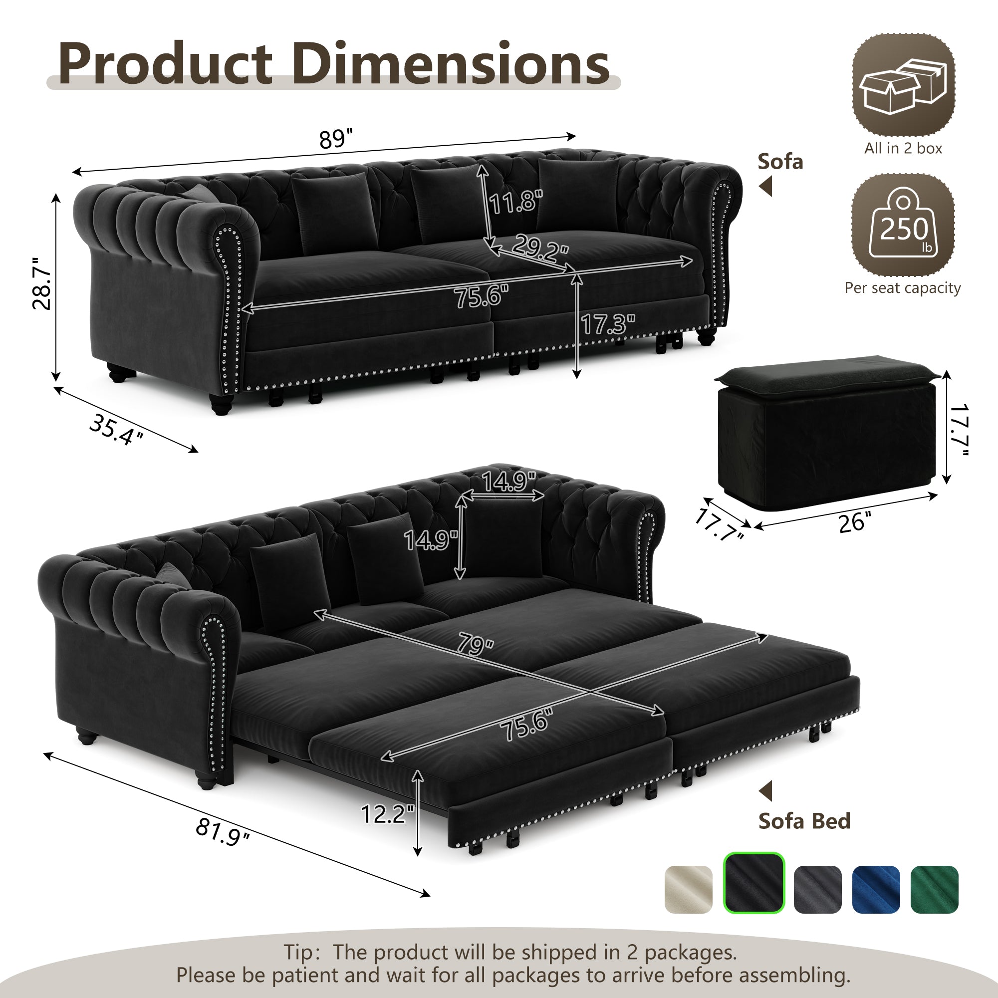 Chesterfield Sofa Bed - 3-in-1 Convertible Velvet Sofa