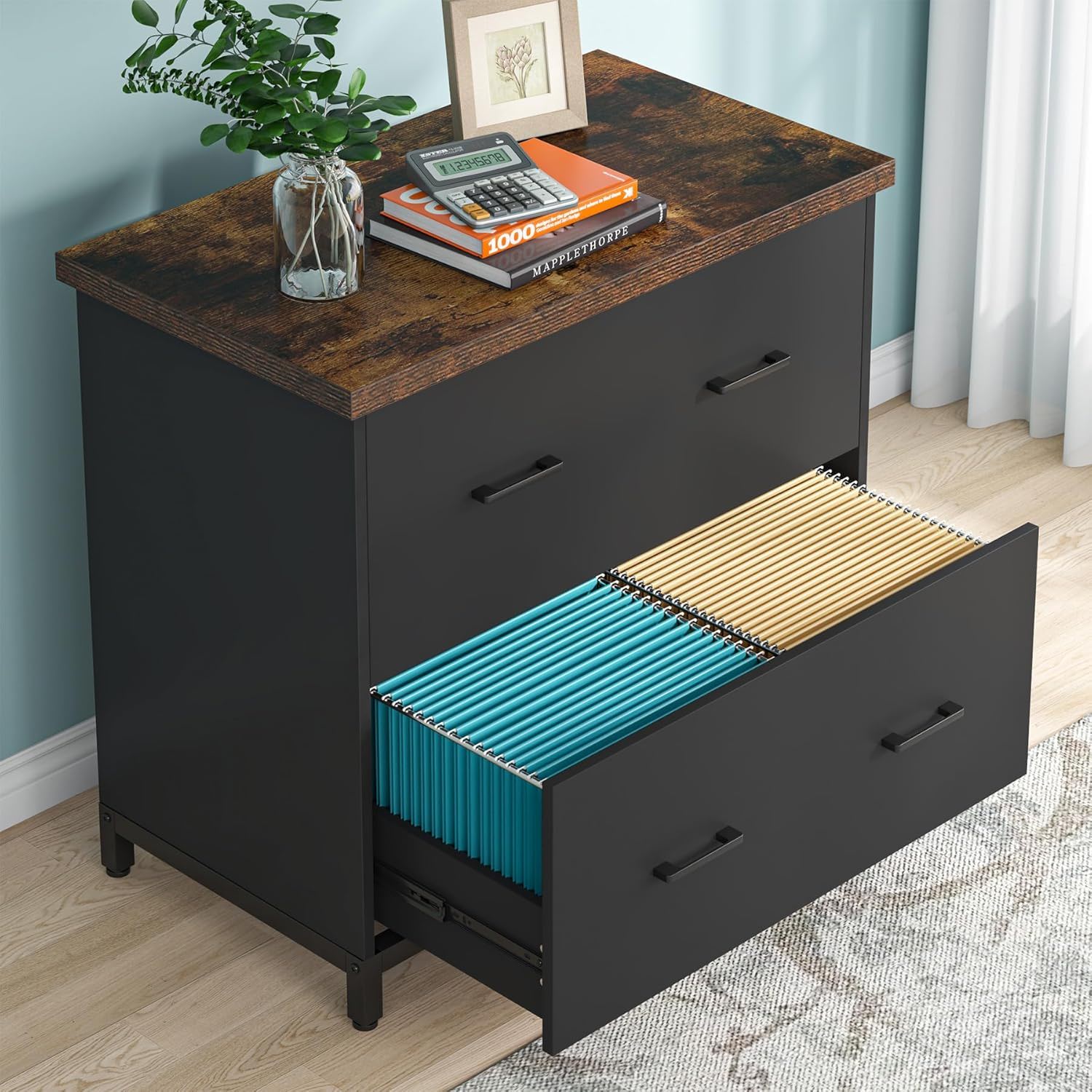 2 Drawer Lateral File Cabinet, A4 / Letter Size, Heavy Duty Storage For Home Office - Brown / Black