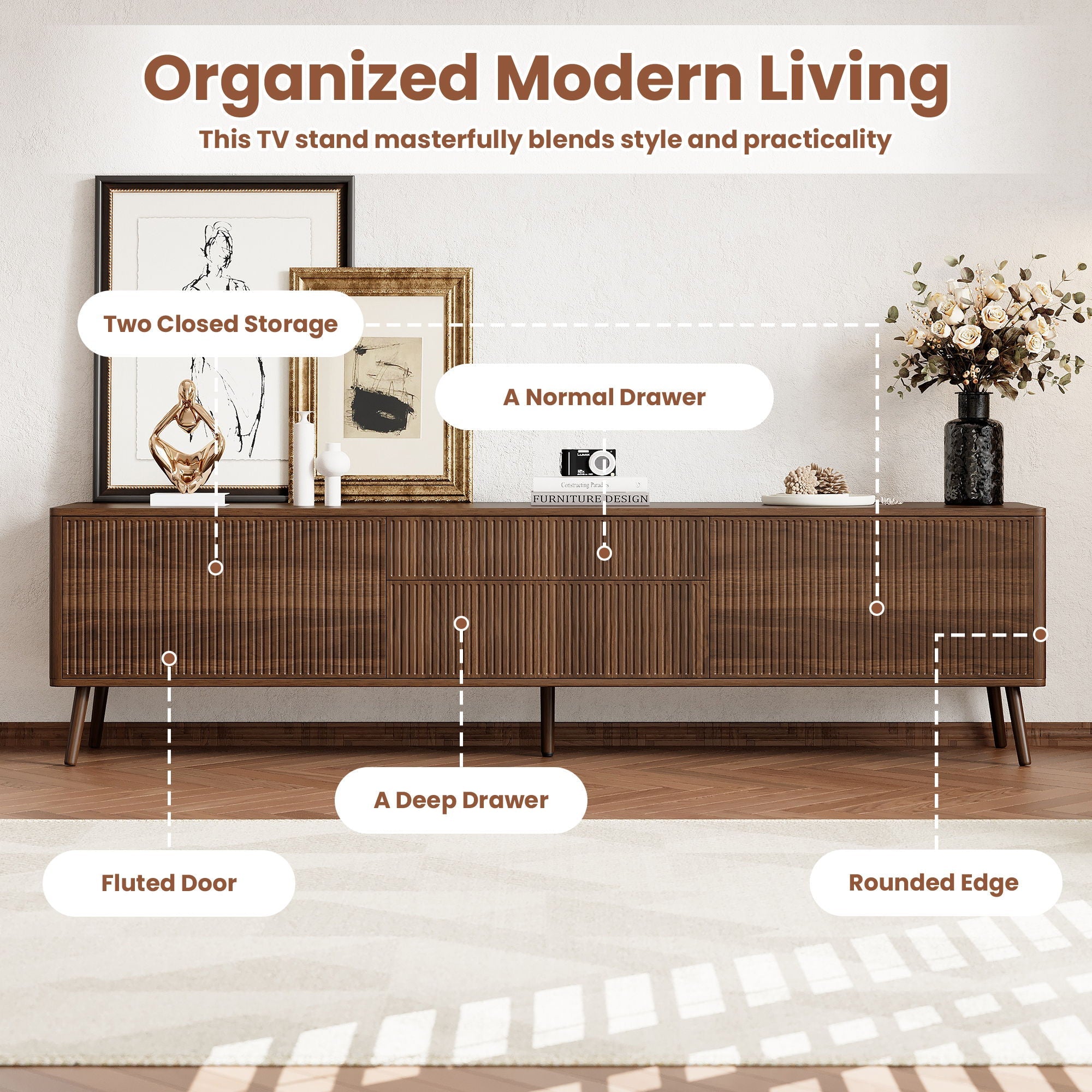 Fluted TV Stand With Storage Drawers And Cabinets For TVs Up To 80", Soft-Close Hinges, Cable Management - Walnut