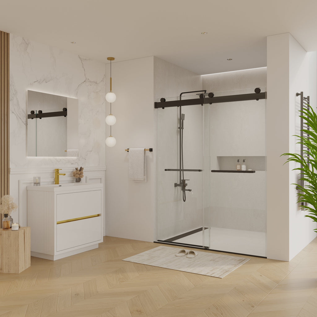 56 to 60 in. W x 76 in. H Double Sliding Frameless Soft-Close Shower Door with Premium 3/8 Inch (10mm) Thick Tampered Glass and Easy-cleaning Coating, Matte