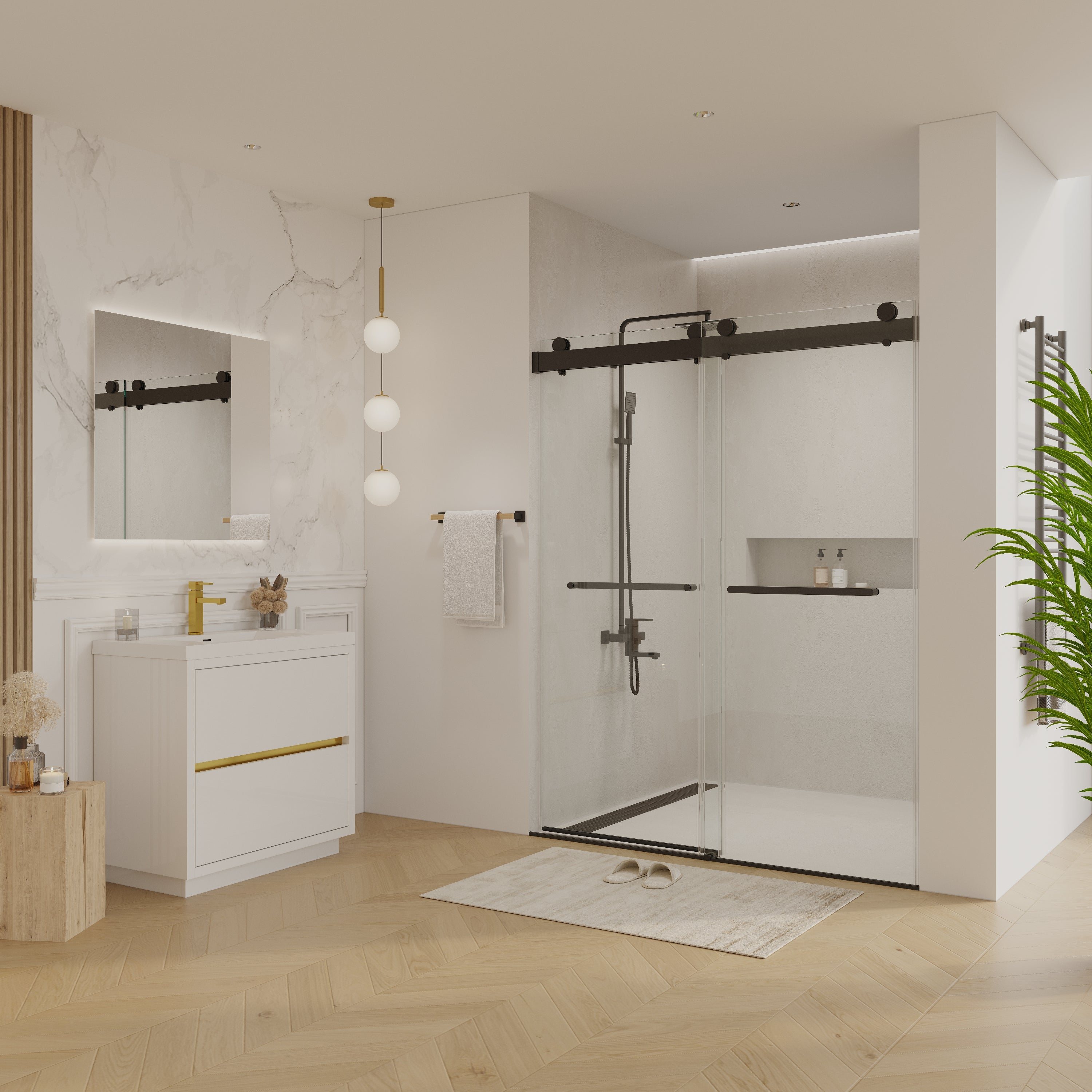 56 to 60 in. W x 76 in. H Double Sliding Frameless Soft-Close Shower Door with Premium 3/8 Inch (10mm) Thick Tampered Glass and Easy-cleaning Coating, Matte