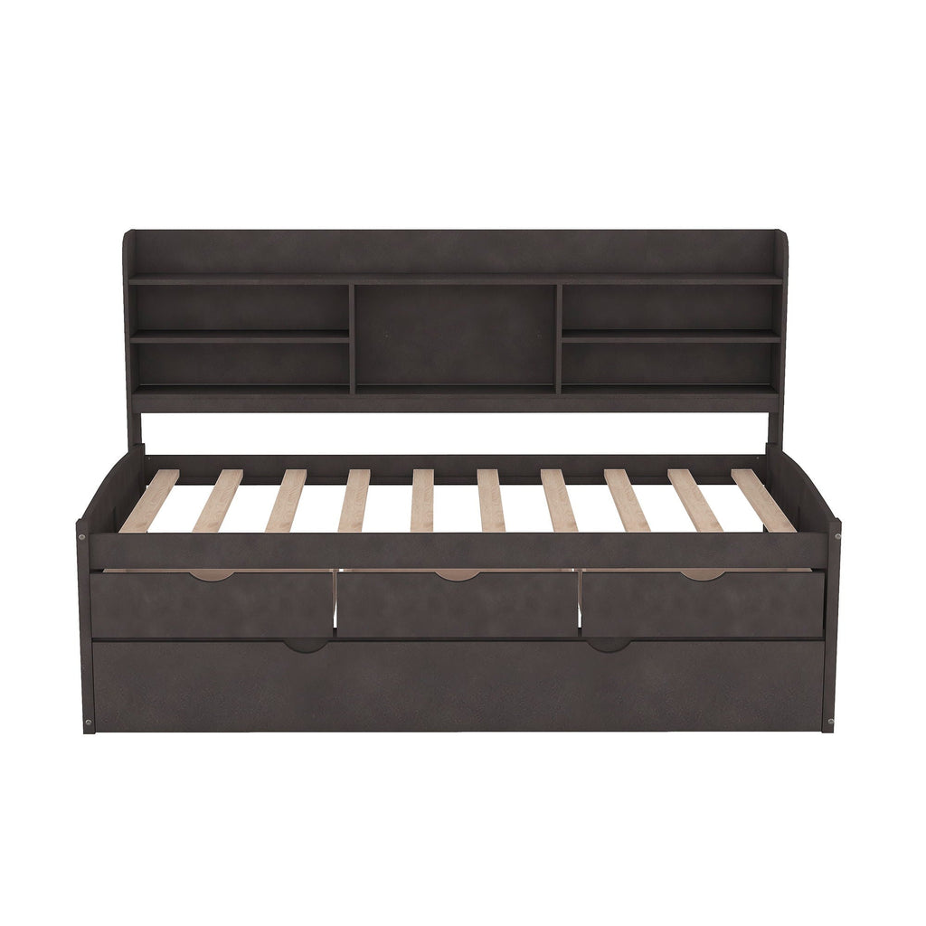 Captain Bed With Built In Bookshelves, 3 Storage Drawers, And Trundle