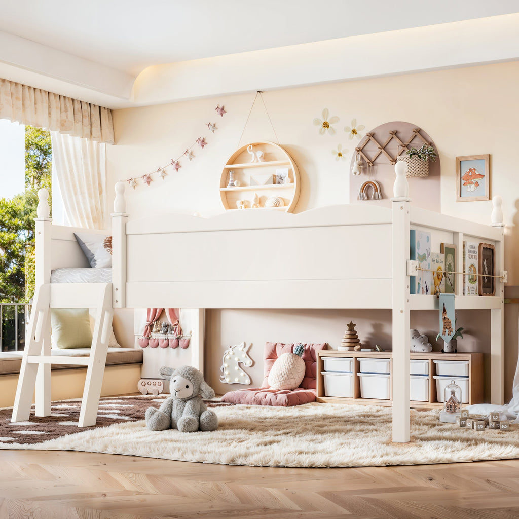 Full Size Low Loft Bed with Full-Length Guardrails