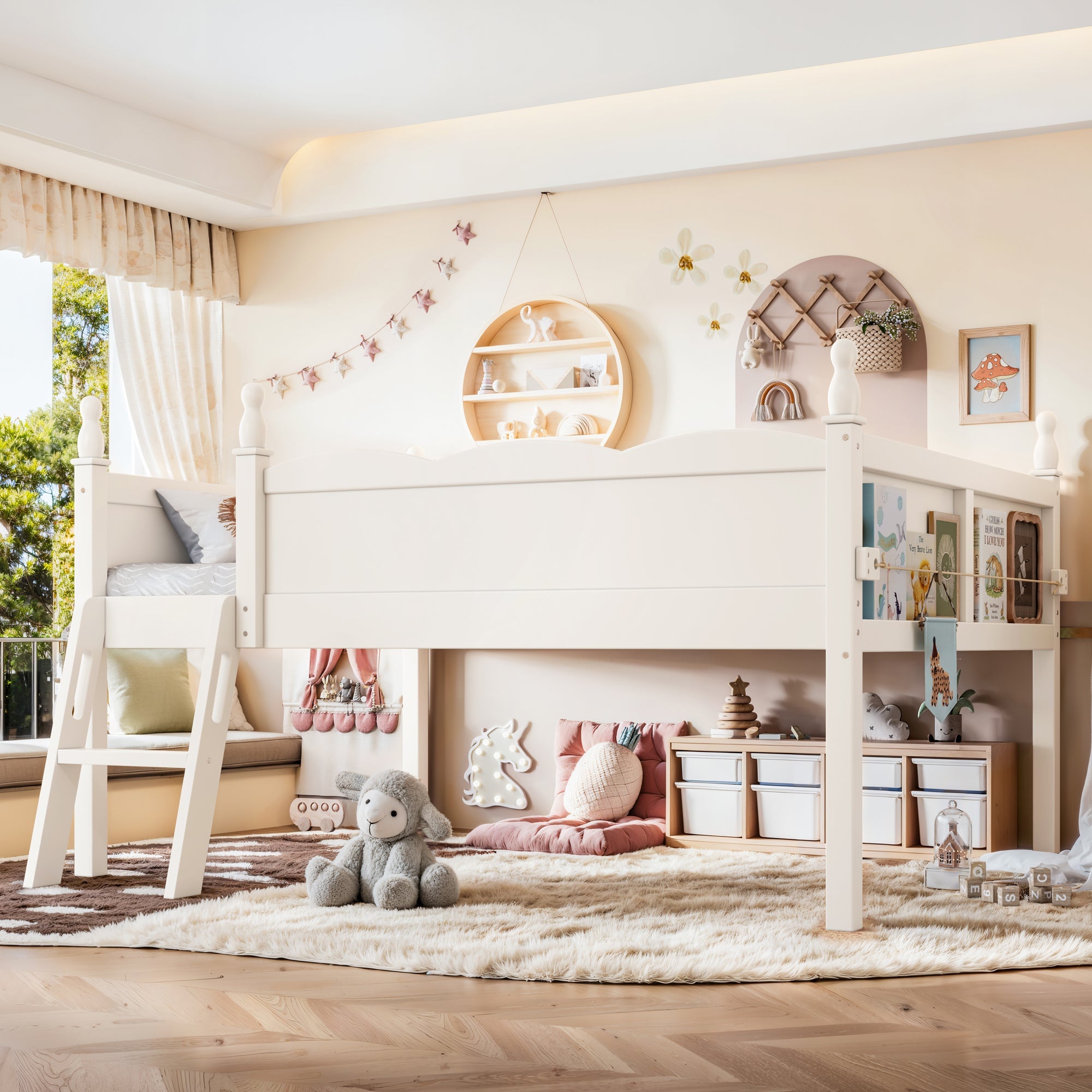 Full Size Low Loft Bed with Full-Length Guardrails