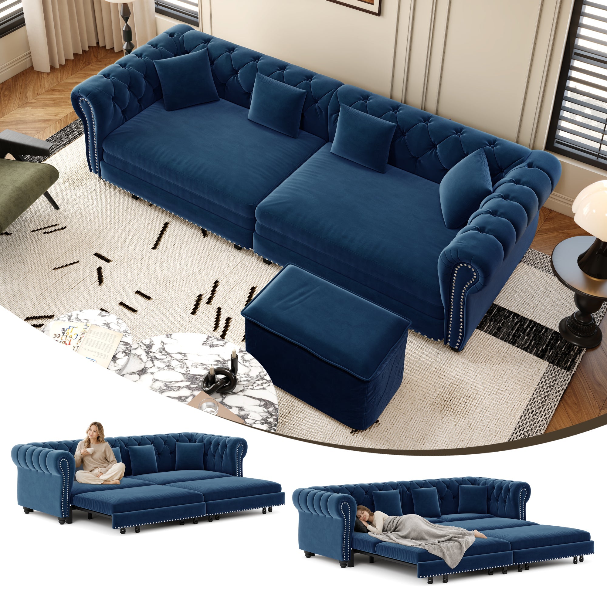 Chesterfield 3-in-1 Pull-Out Sofa Bed, Convertible Sleeper Sofa