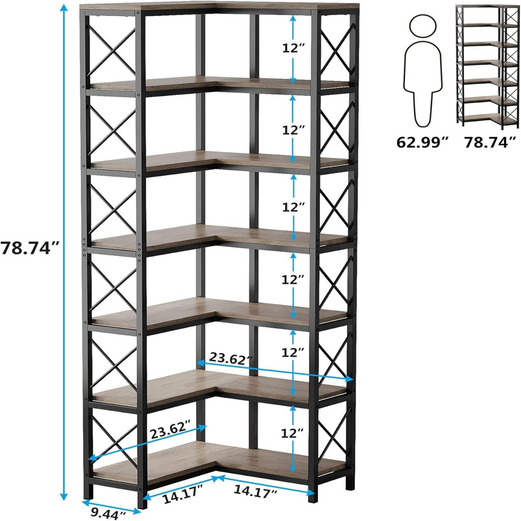 7 Tier Corner Bookshelf, Storage Unit For Living Room