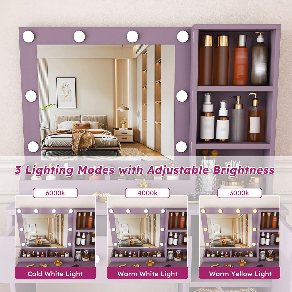 Stylish Vanity Desk Set with Padded Stool & Adjustable Lighted Mirror