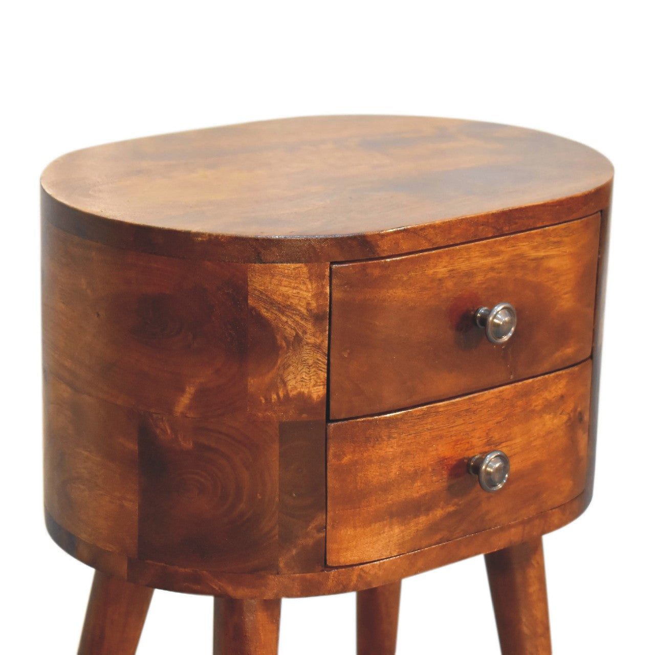 Solid Wood Mini Chestnut Rounded Nightstand, 2-Drawers, Nordic Legs