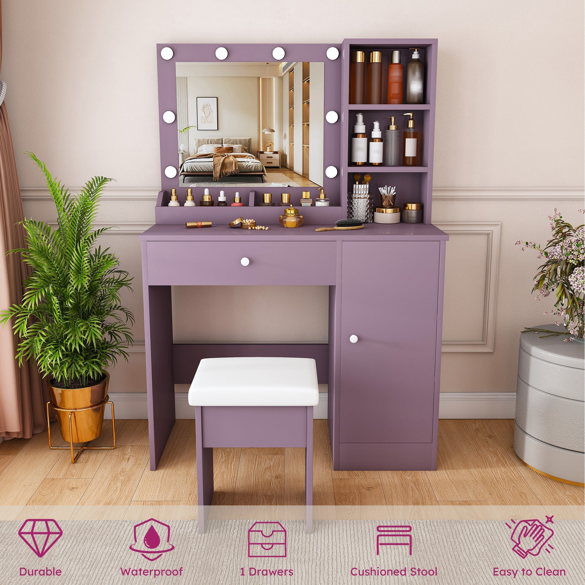 Stylish Vanity Desk Set with Padded Stool & Adjustable Lighted Mirror
