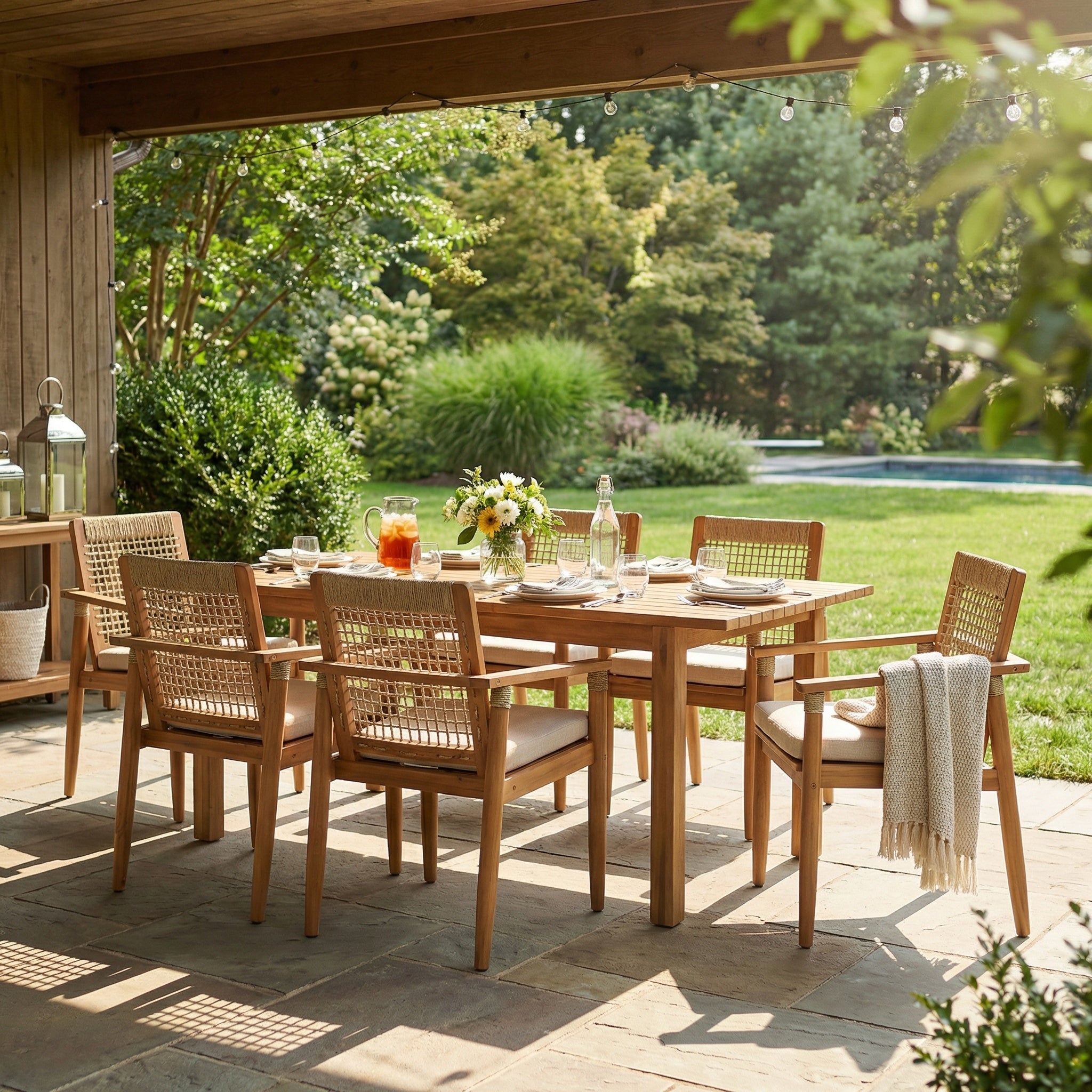 7 Pieces Acacia Wood Outdoor Dining Set with Cushions