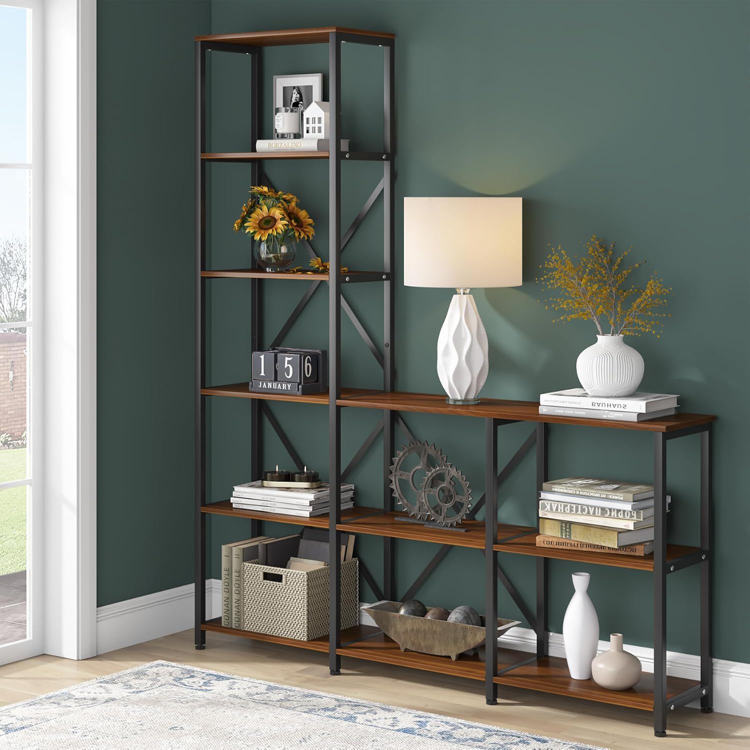 6 Tier Ladder Corner Etagere Bookshelf - Rustic Brown