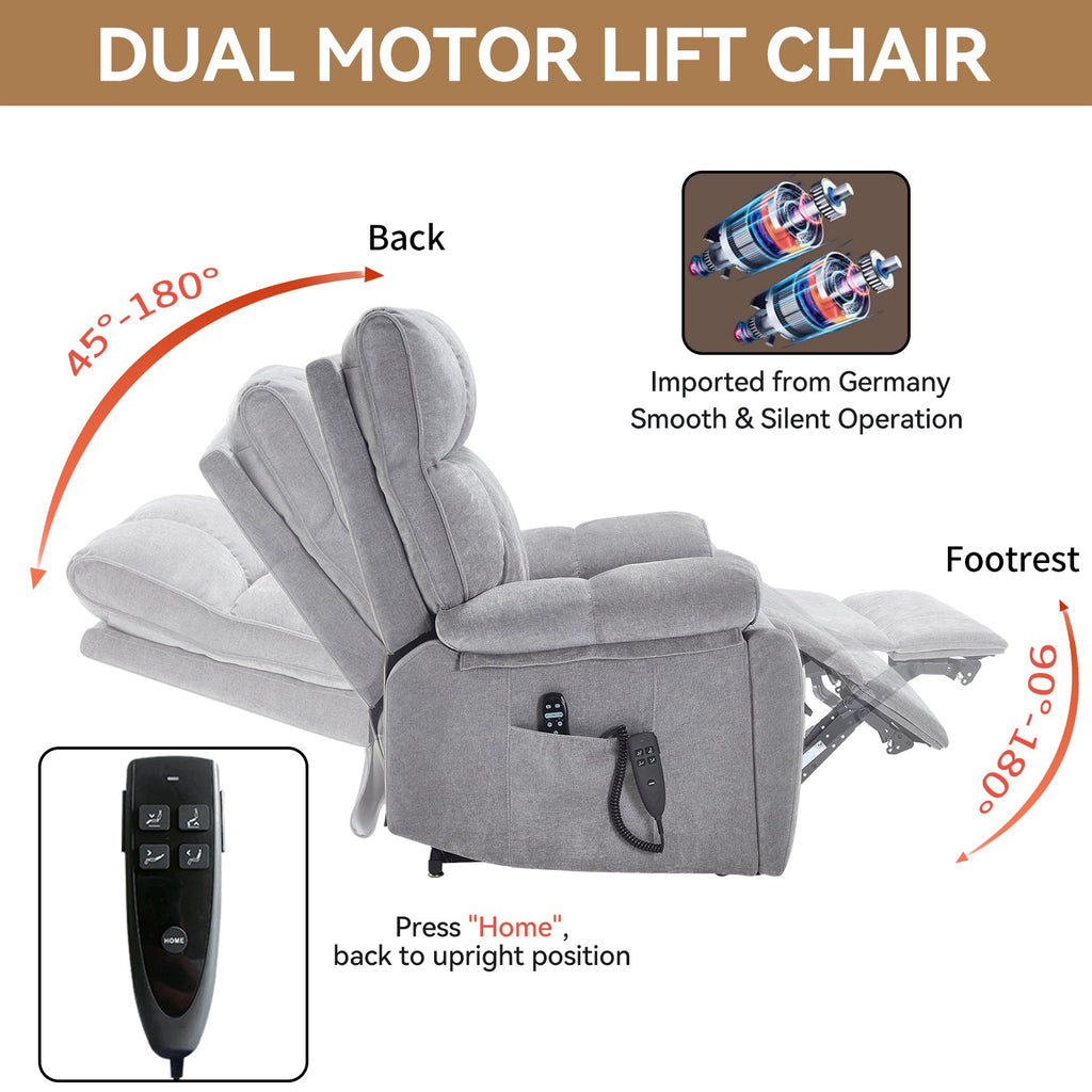 Grey Heat Massage Dual Motor Electric Power Lift Recliner