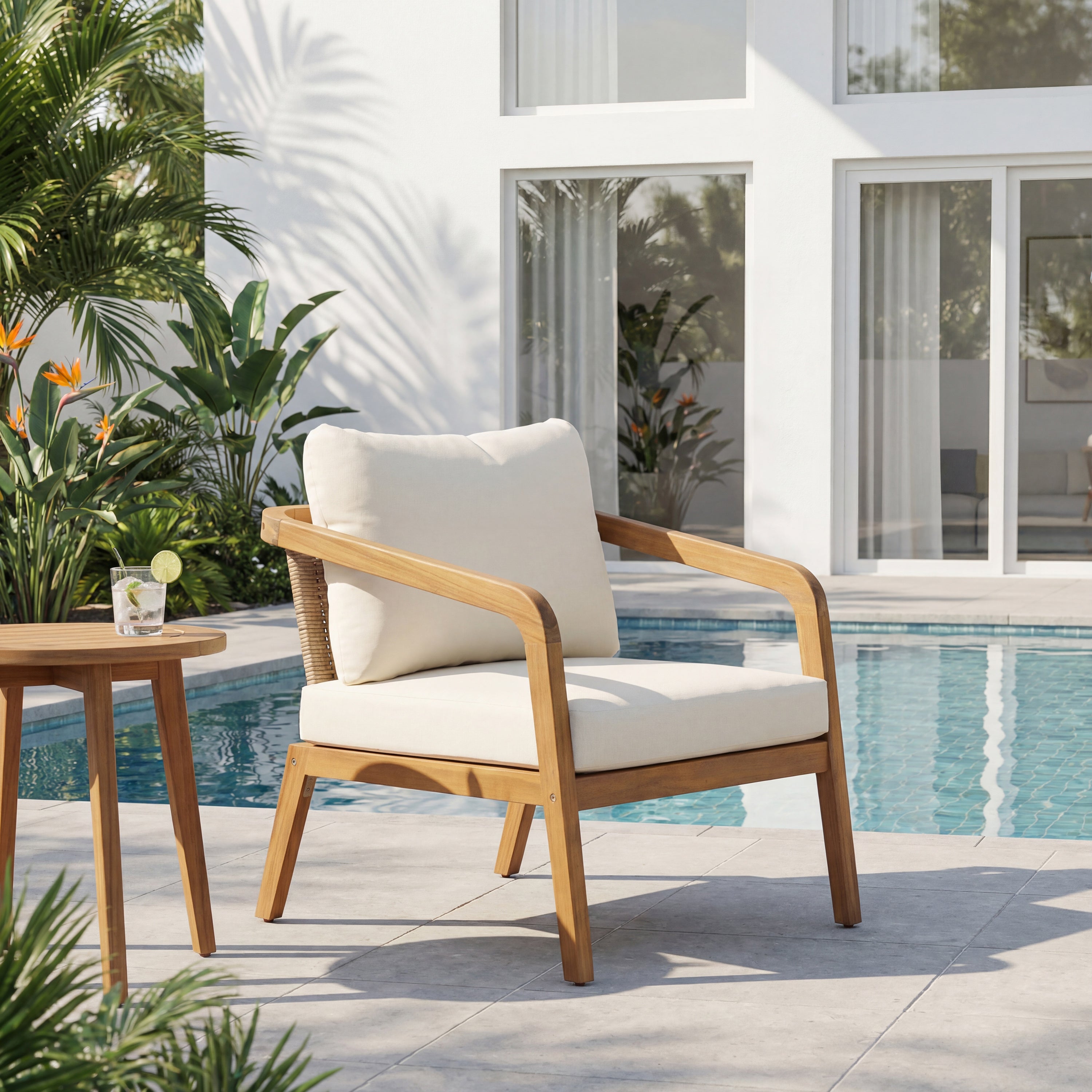 Acacia Wood Outdoor Patio Club Chair with PE Wicker Backrest & Cushions