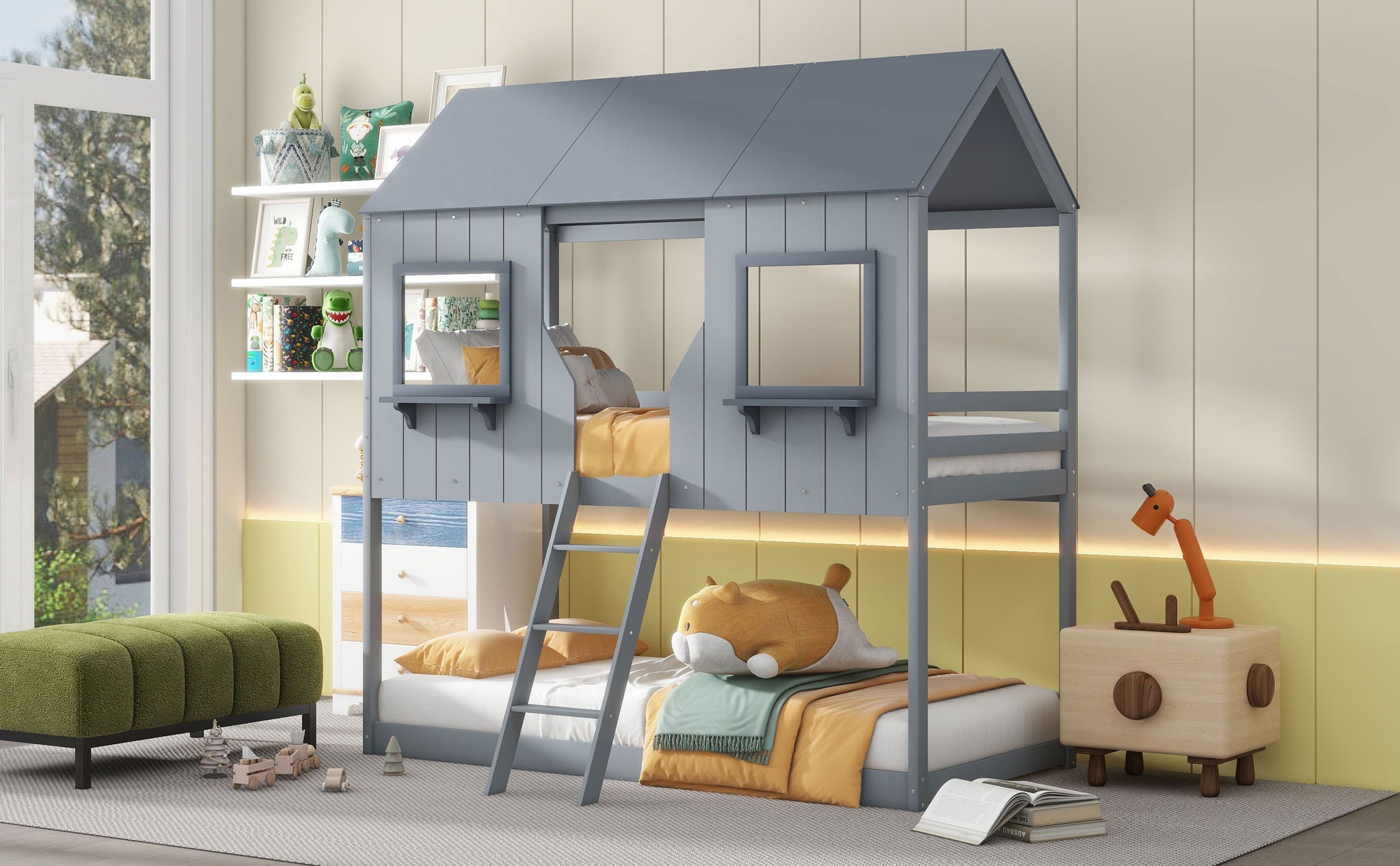 Twin Over Twin Bunk Bed With Roof, Window, Guardrail, Ladder