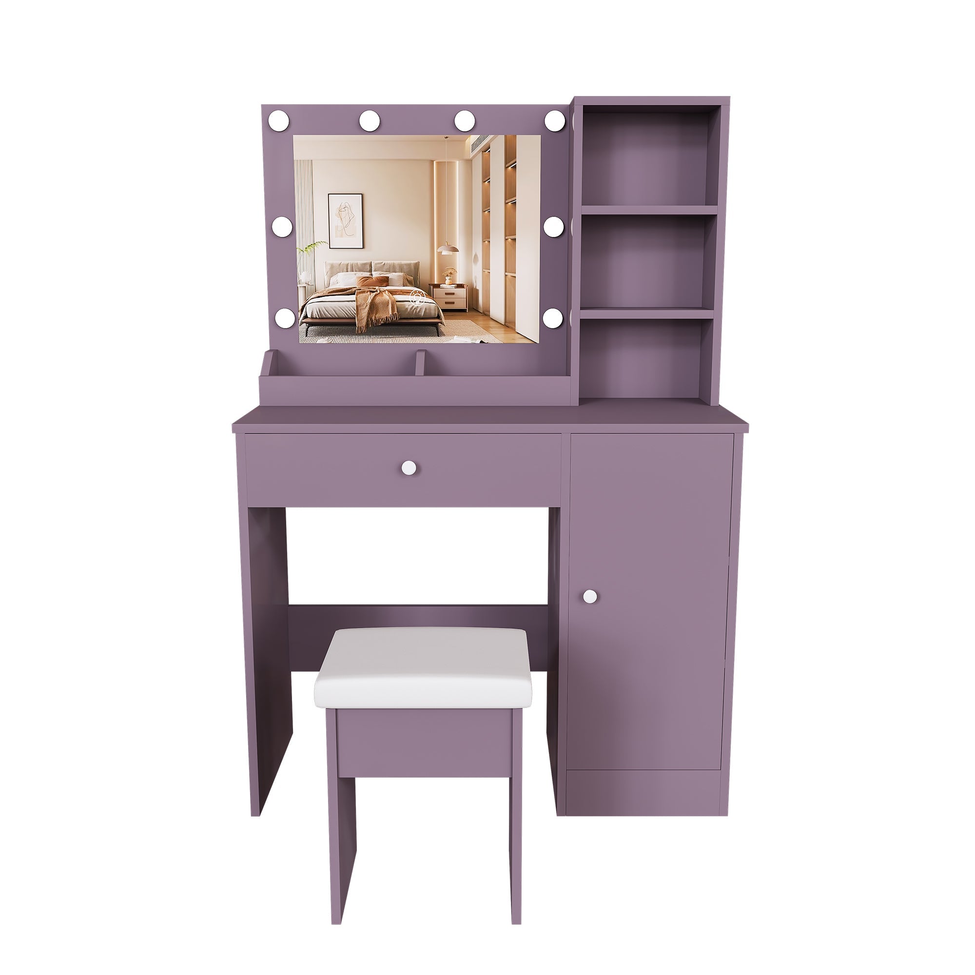 Stylish Vanity Desk Set with Padded Stool & Adjustable Lighted Mirror