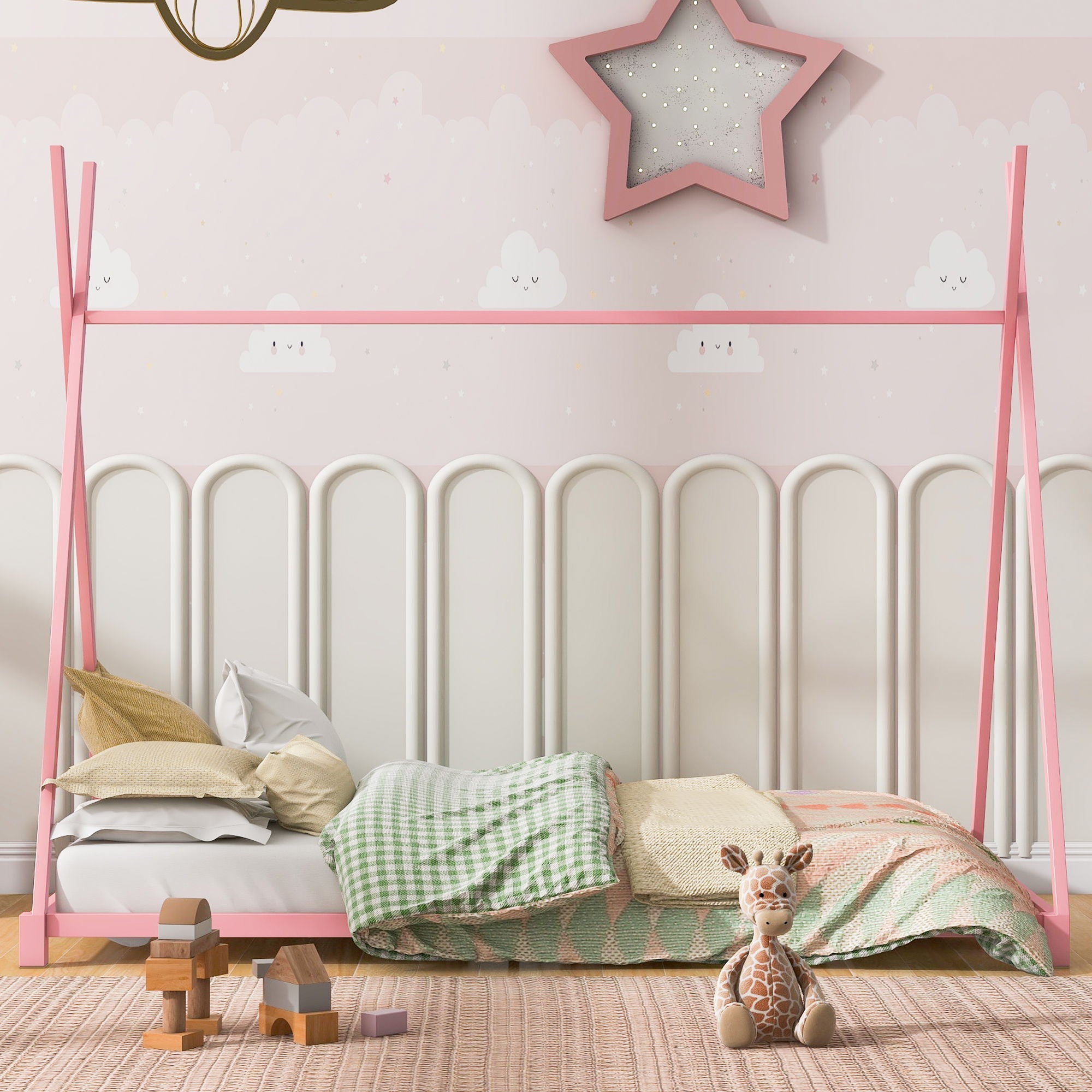 Metal House Platform Bed With Triangle Structure, Low Profile Design