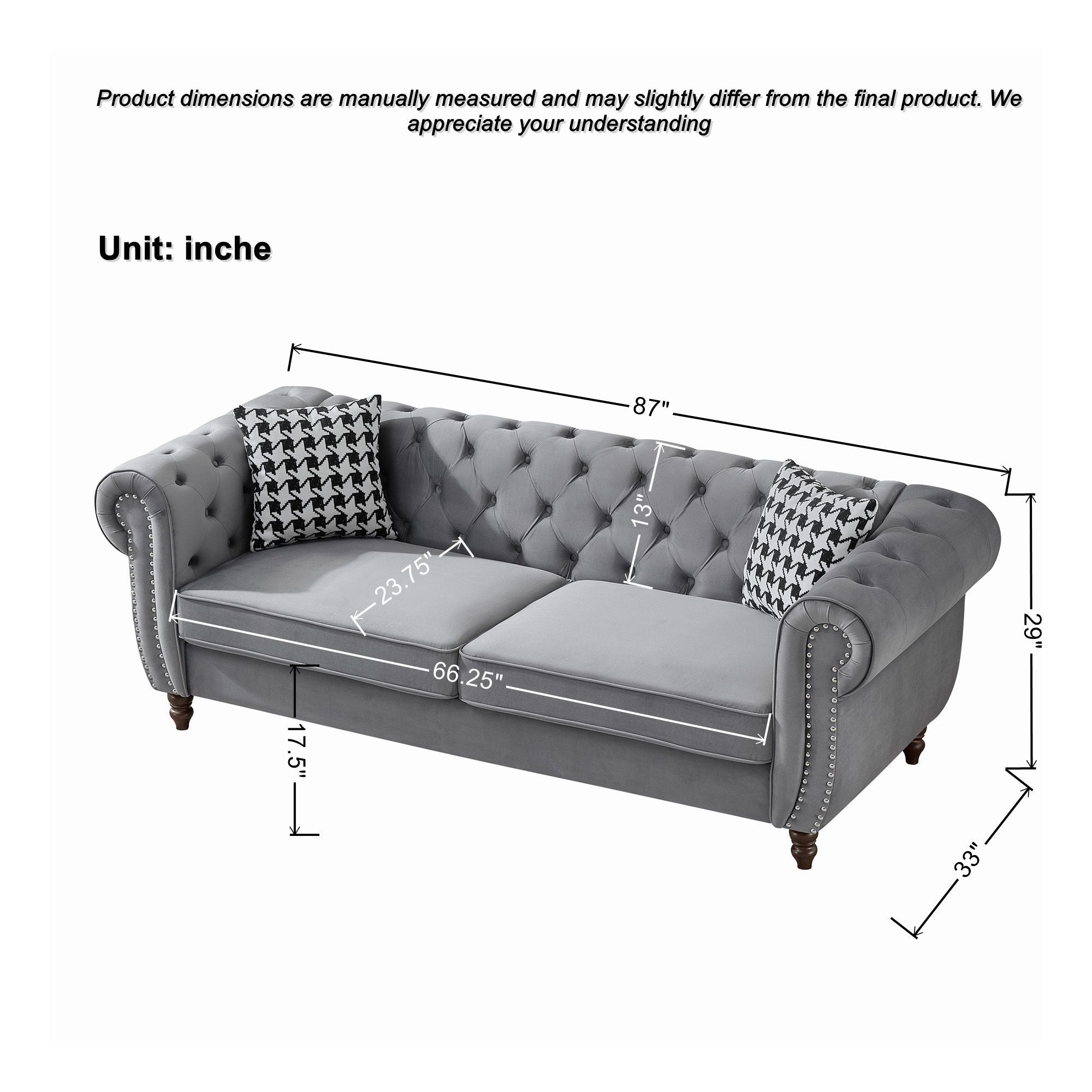 Chesterfield Upholstery Fabric Sofa With Roll Armrest & Nailhead