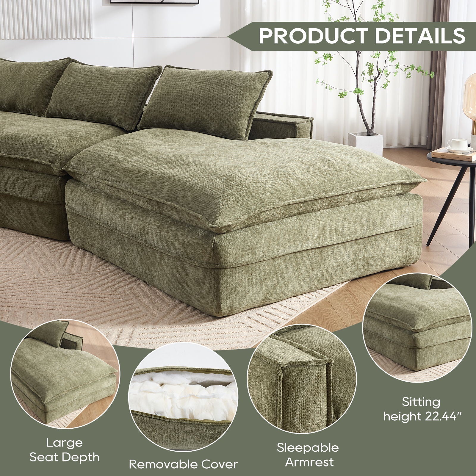 Modern Minimalist Modular Sectional Sofa With Deep Seats And Right Facing Chaise
