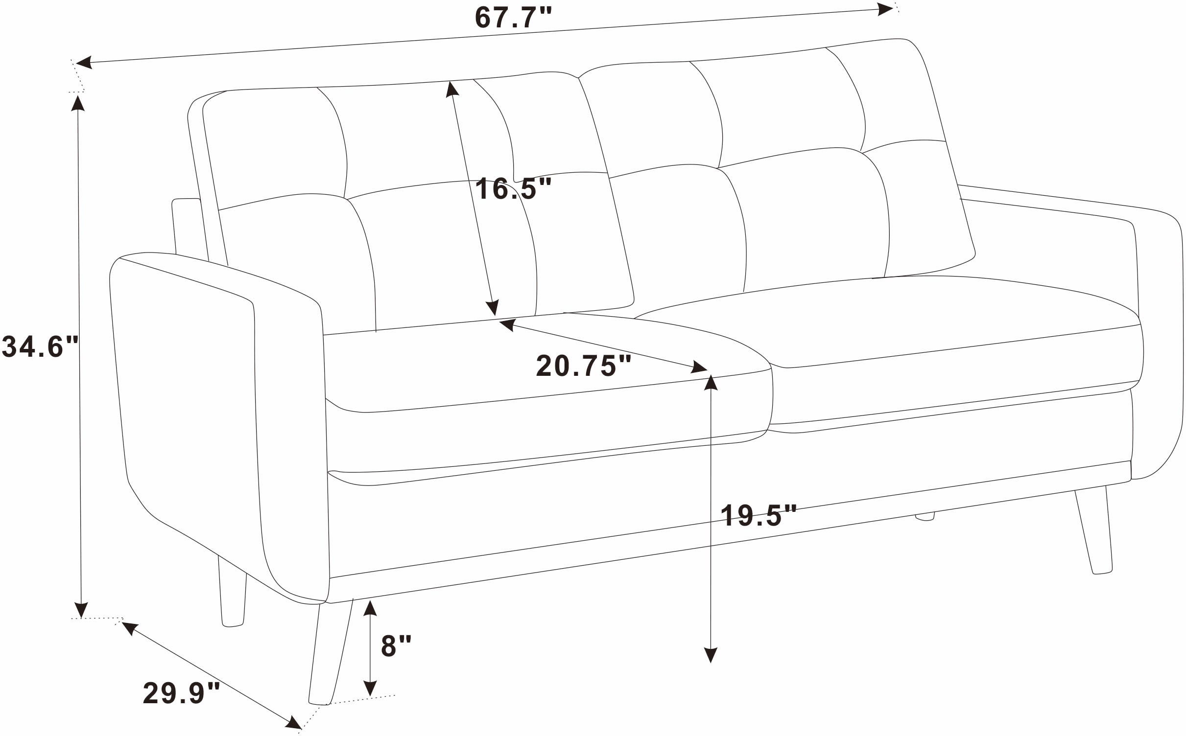 67.7" Wide Mid-Century Modern Upholstered Tufted Loveseat Sofa With Wooden Legs