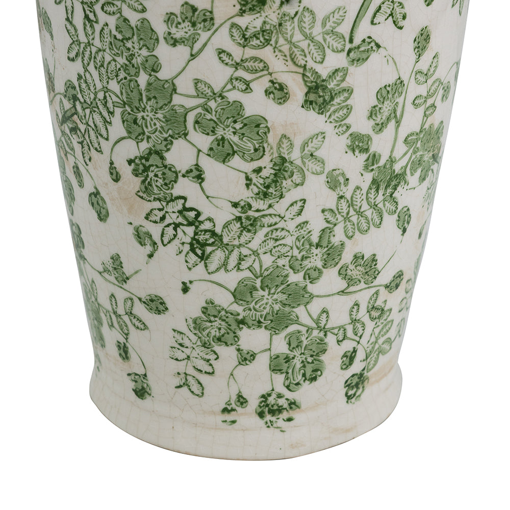 6.5x6.5x11.6 White Ceramic Flower Vase with Green Floral Pattern