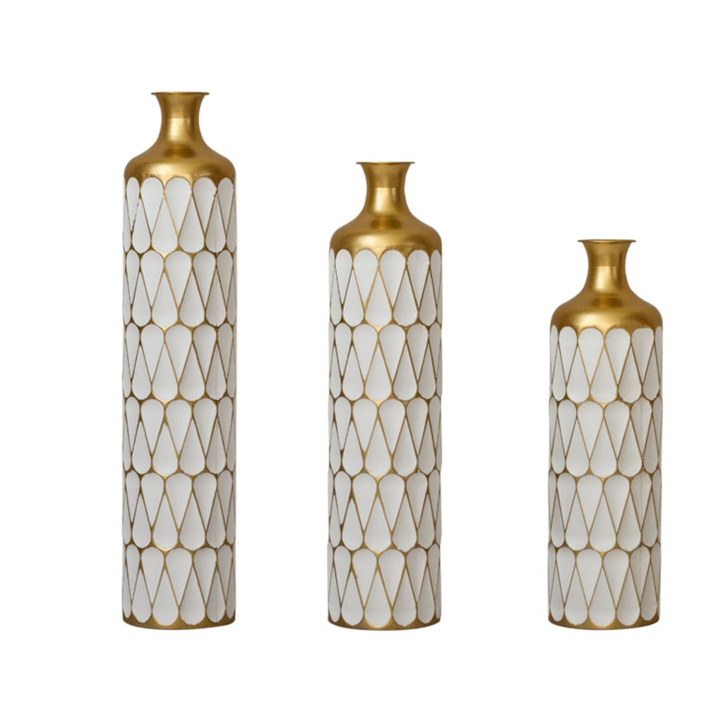 Floor Metal Vase Modern Style Decoration Home Droplet Shaped Metal Vase 3 Piece Set Gorgeous Home Decoration Large Glazed Metal Vase - Gold / White