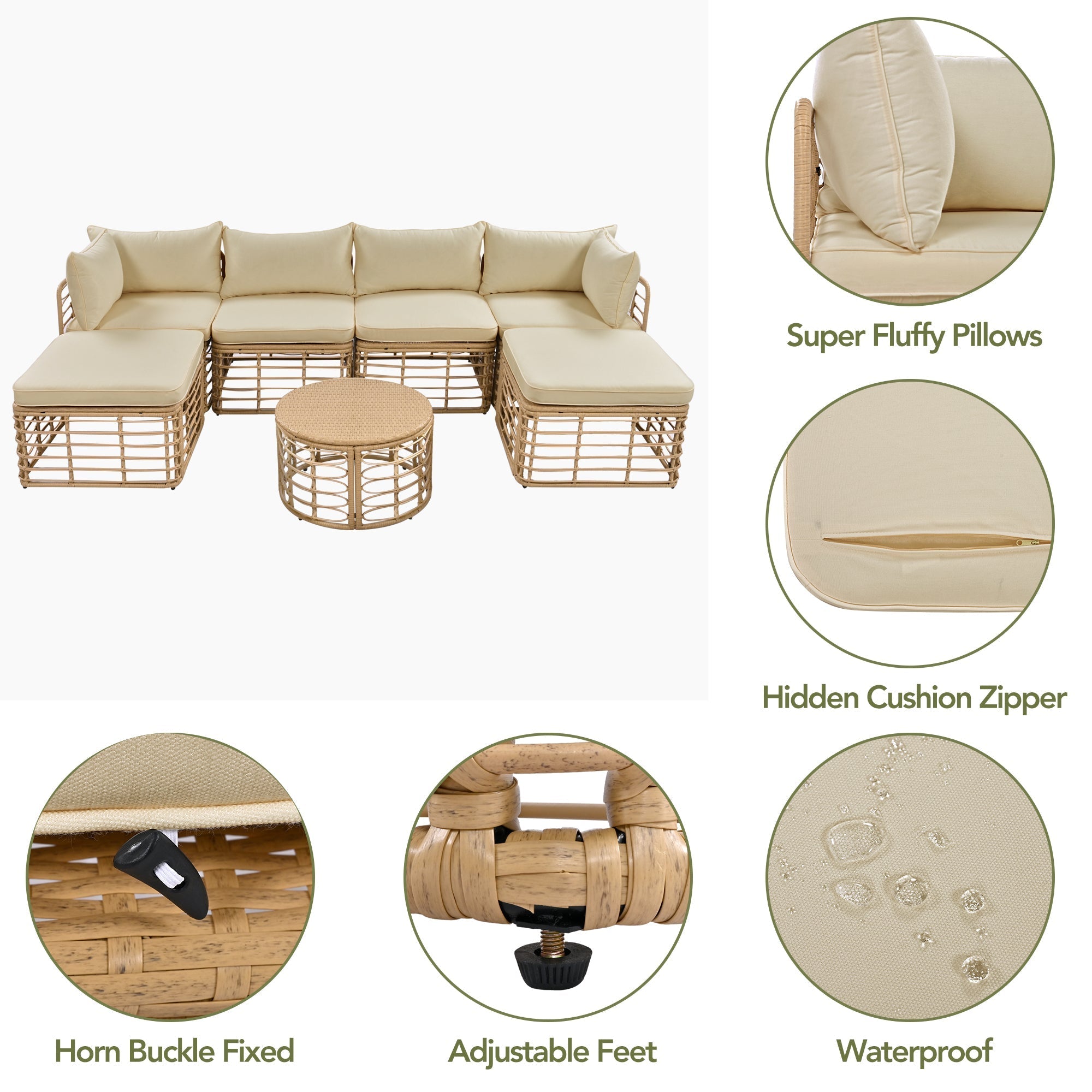 7 Pieces Outdoor Patio Furniture, All-Weather Rattan Sectional Sofa Set with Thick Cushions and Pillows, Freely Combined Conversation Sets for Garden, Backyard, Balcony, Brown