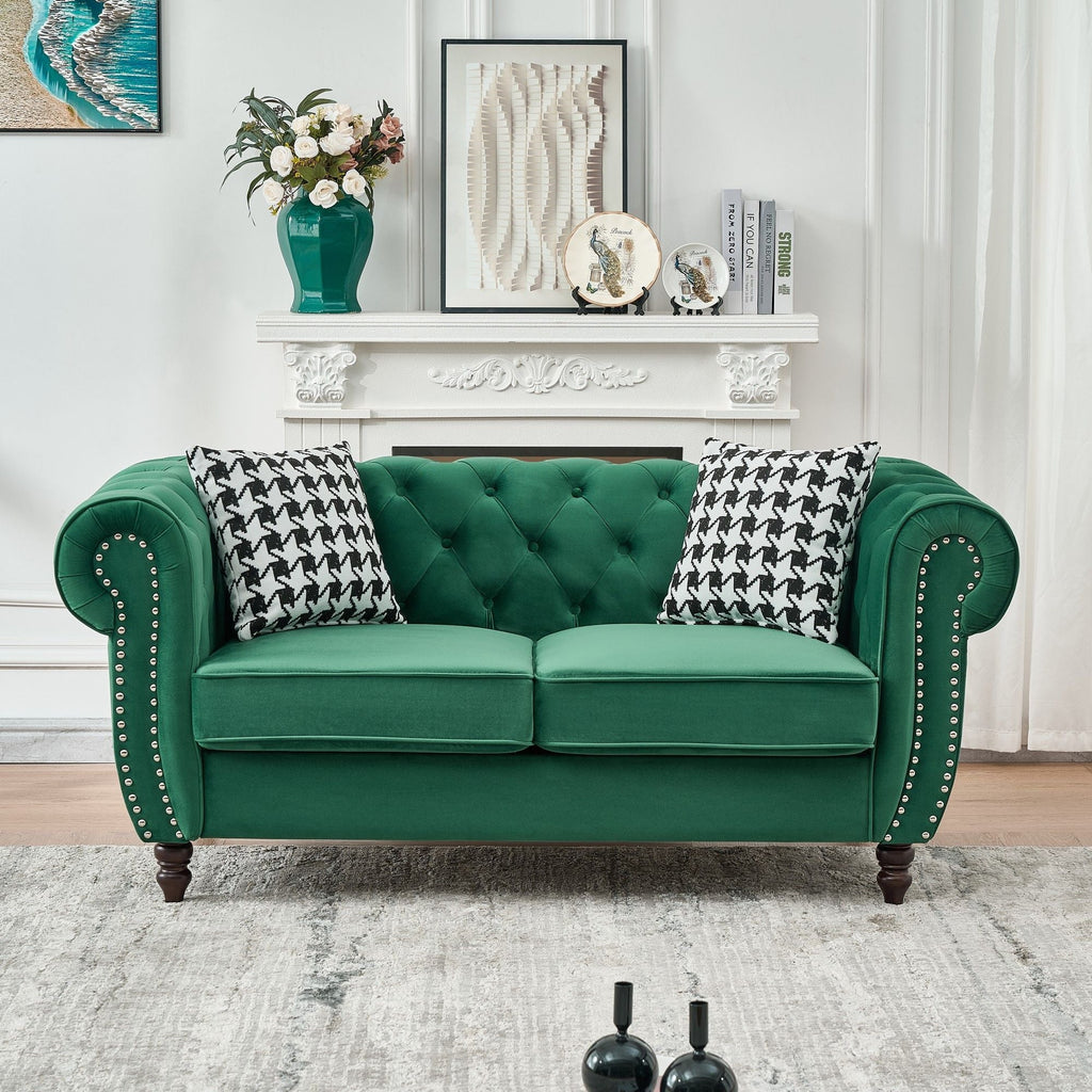 Chesterfield Fabric Sofa With Roll Armrest And Nailhead, Mid Century 2 Seater Couch