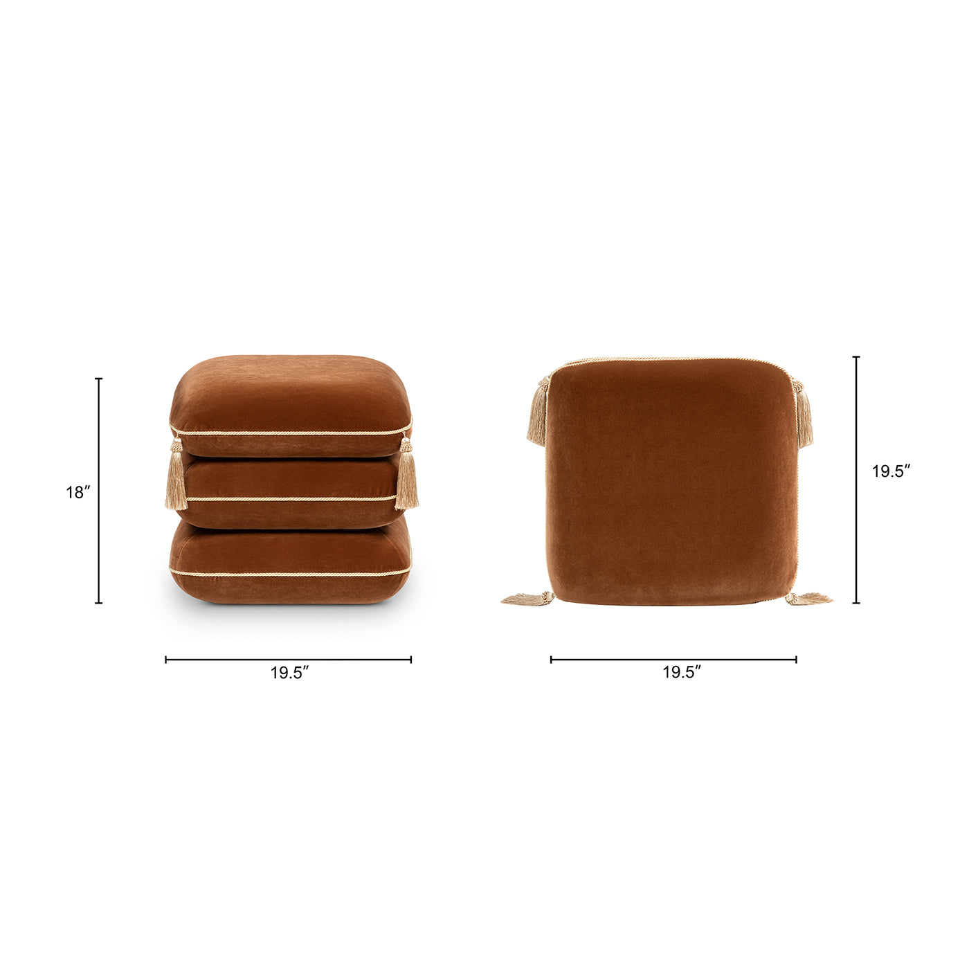 Monarch 19.5" Squared Upholstered Ottoman with Bullion Fringe, Burnt