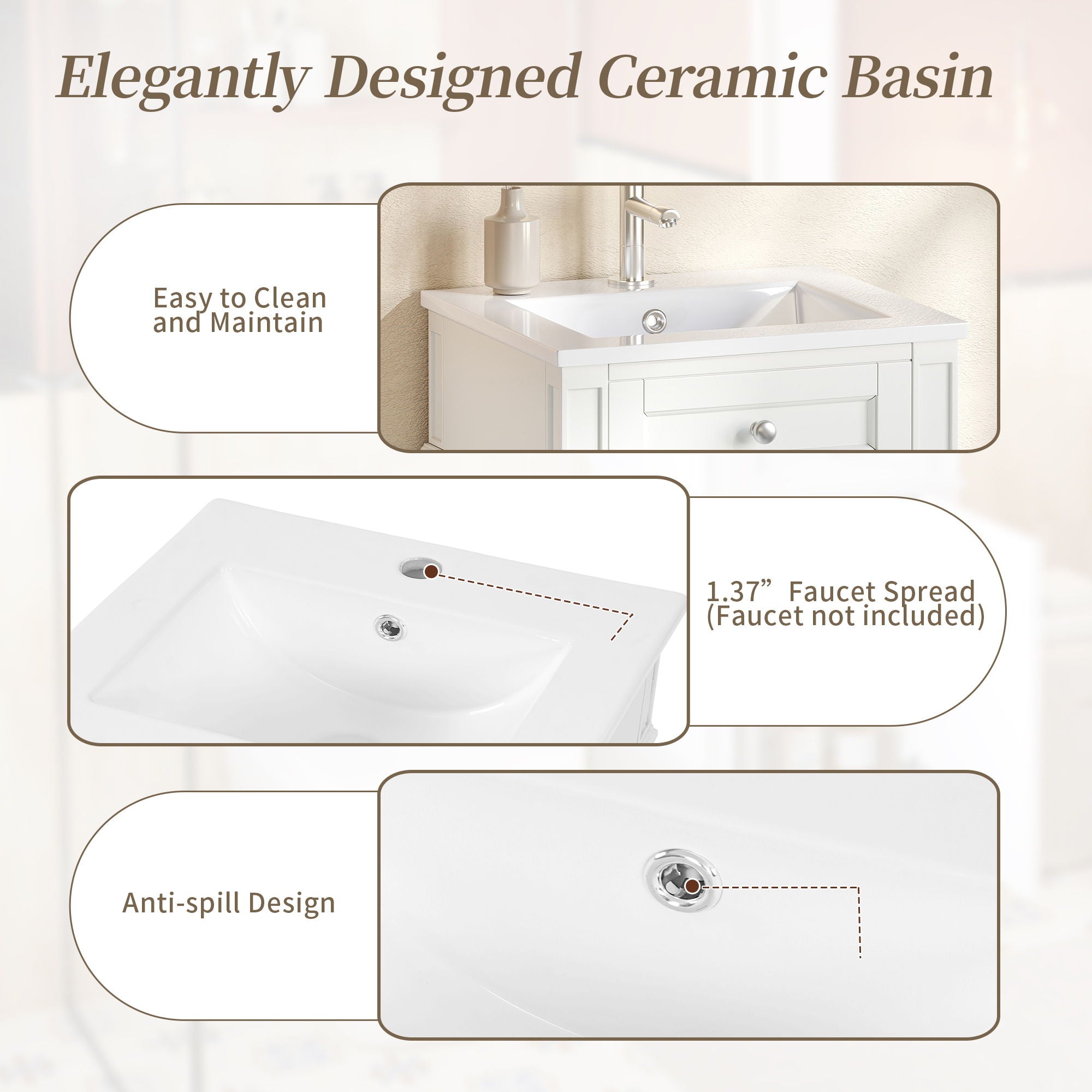 French Style Bathroom Vanity With Sink, Soft-Closing Door, Adjustable Shelf, Rectangular Design