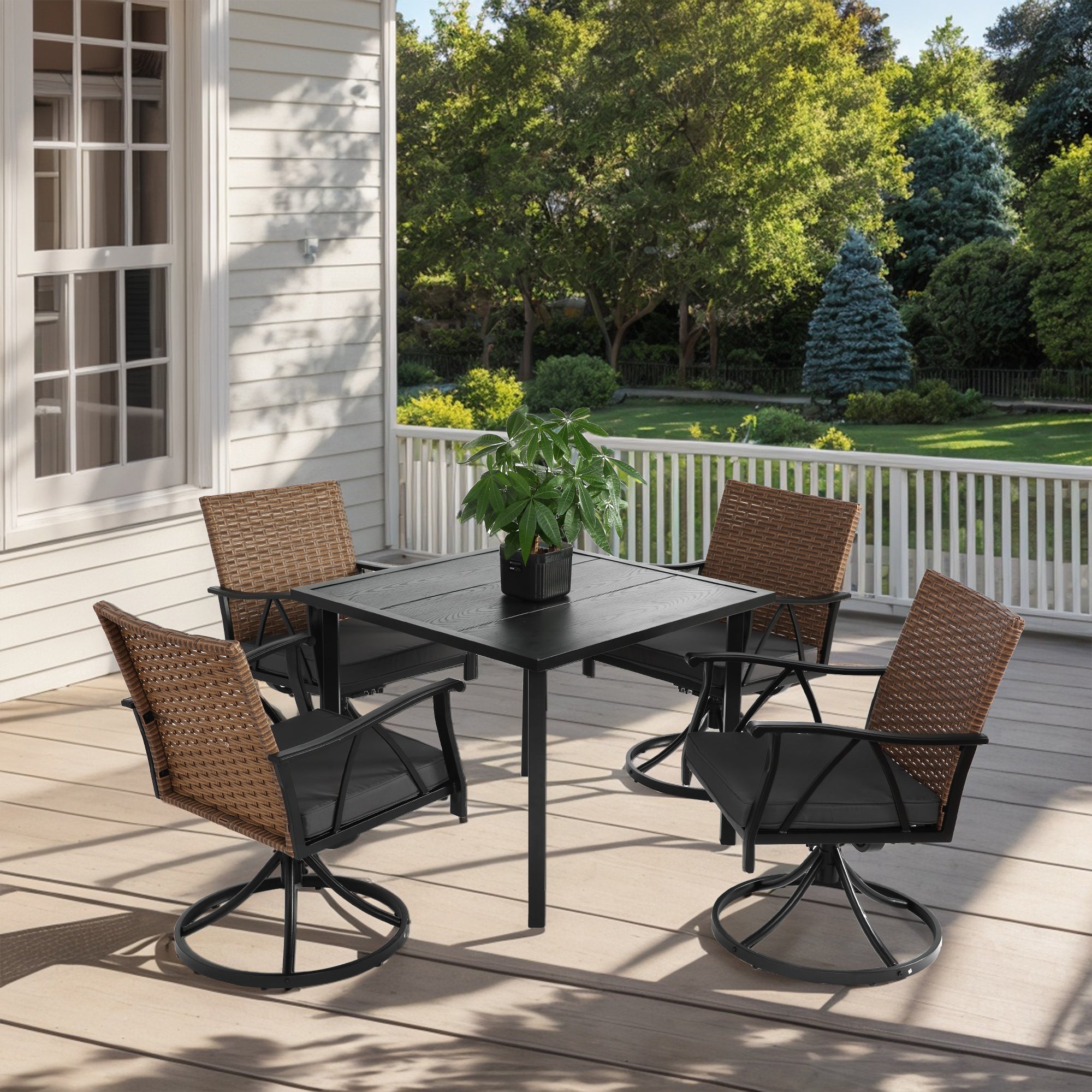 5 Piece Patio Dining Set for 4 with Swivel Rocker Chairs and Steel Table Top