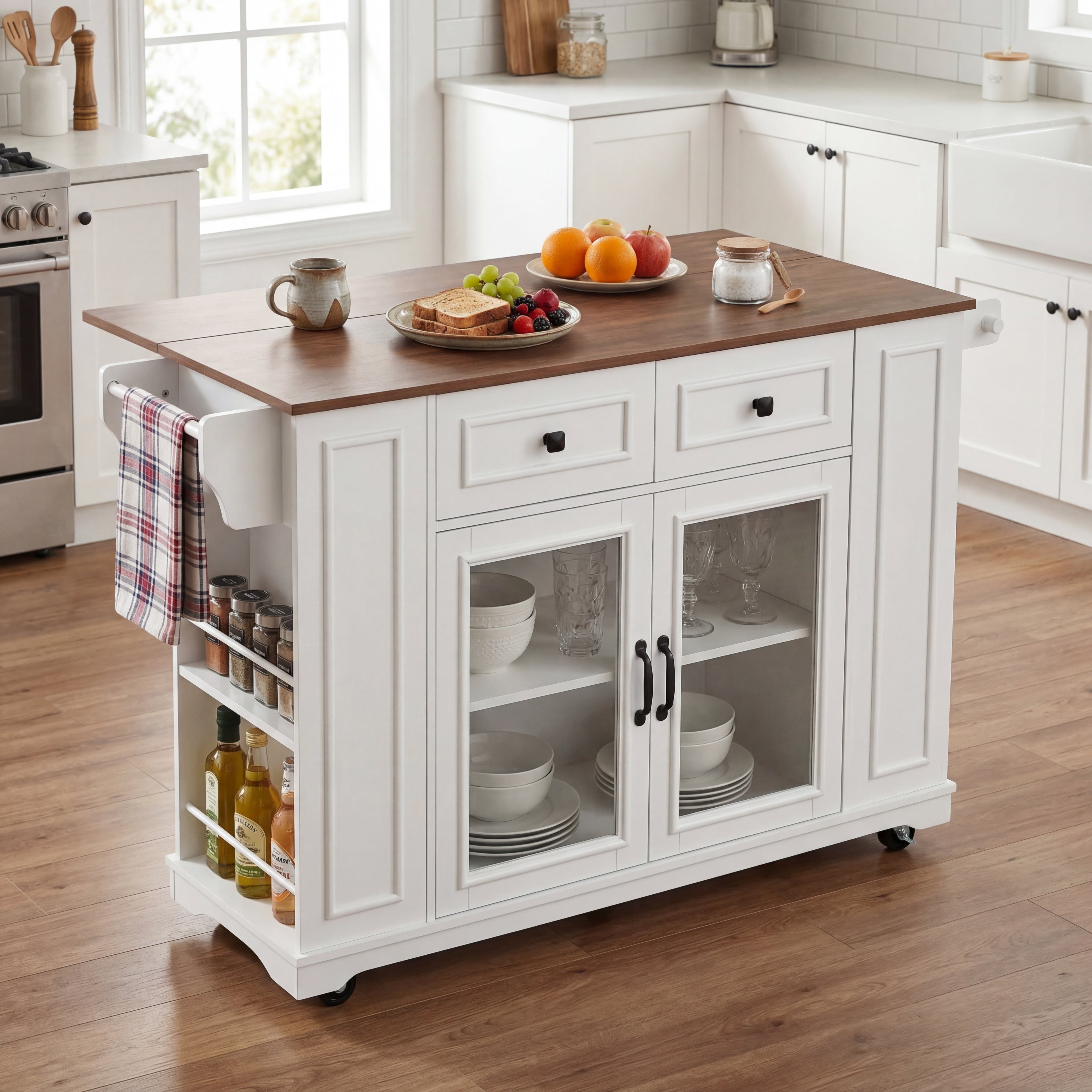 54" Mobile Kitchen Island with Glass Door Storage, Power Outlet & Rolling Cart