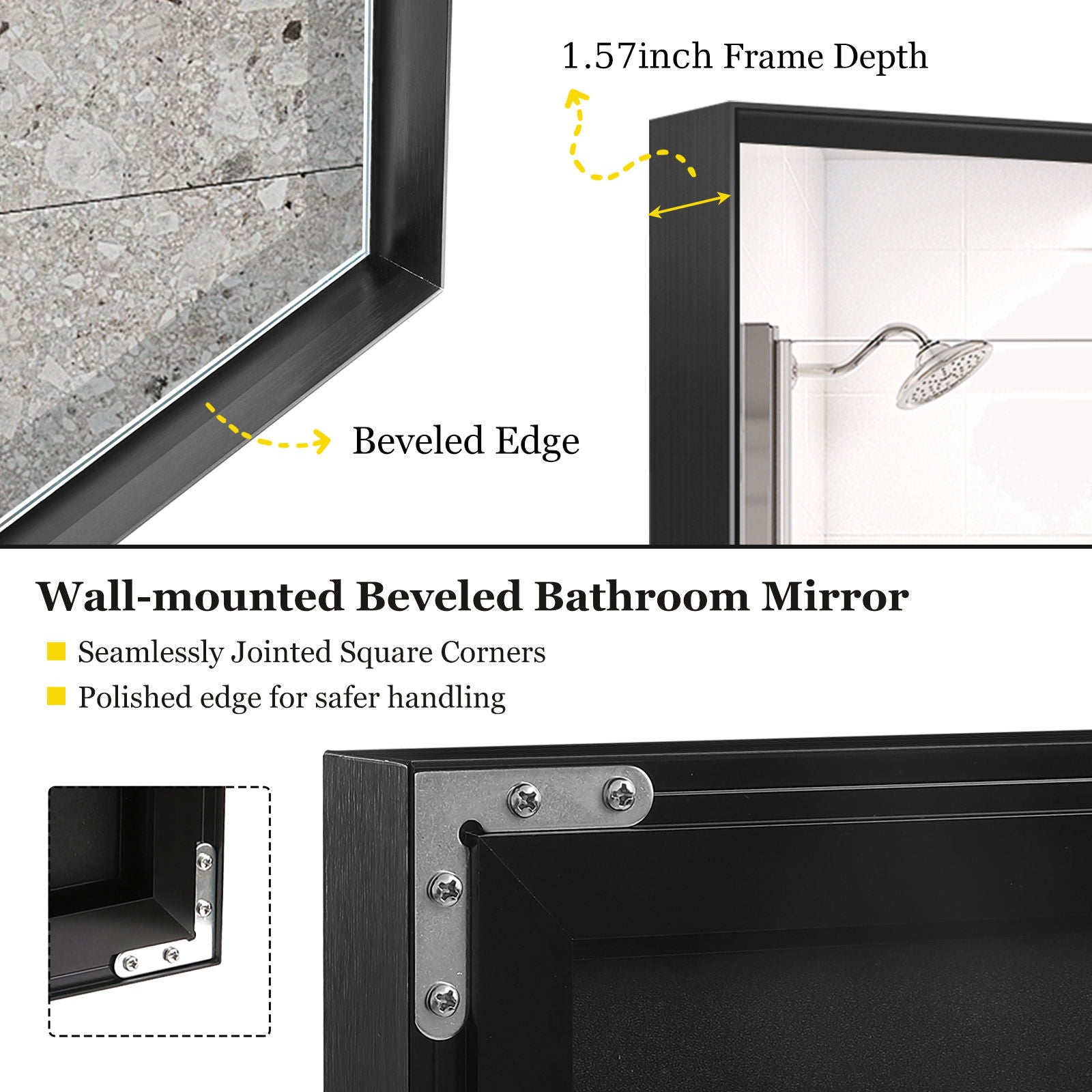40X30" Glossy Bathroom Mirrors For Wall Rectangle Vanity Mirror Corner Hangs Farmhouse Mirror Modern Metal Framed Rectangular Mirror, Decorative Square Corner Mirror (Horizontal & Vertical) - Black