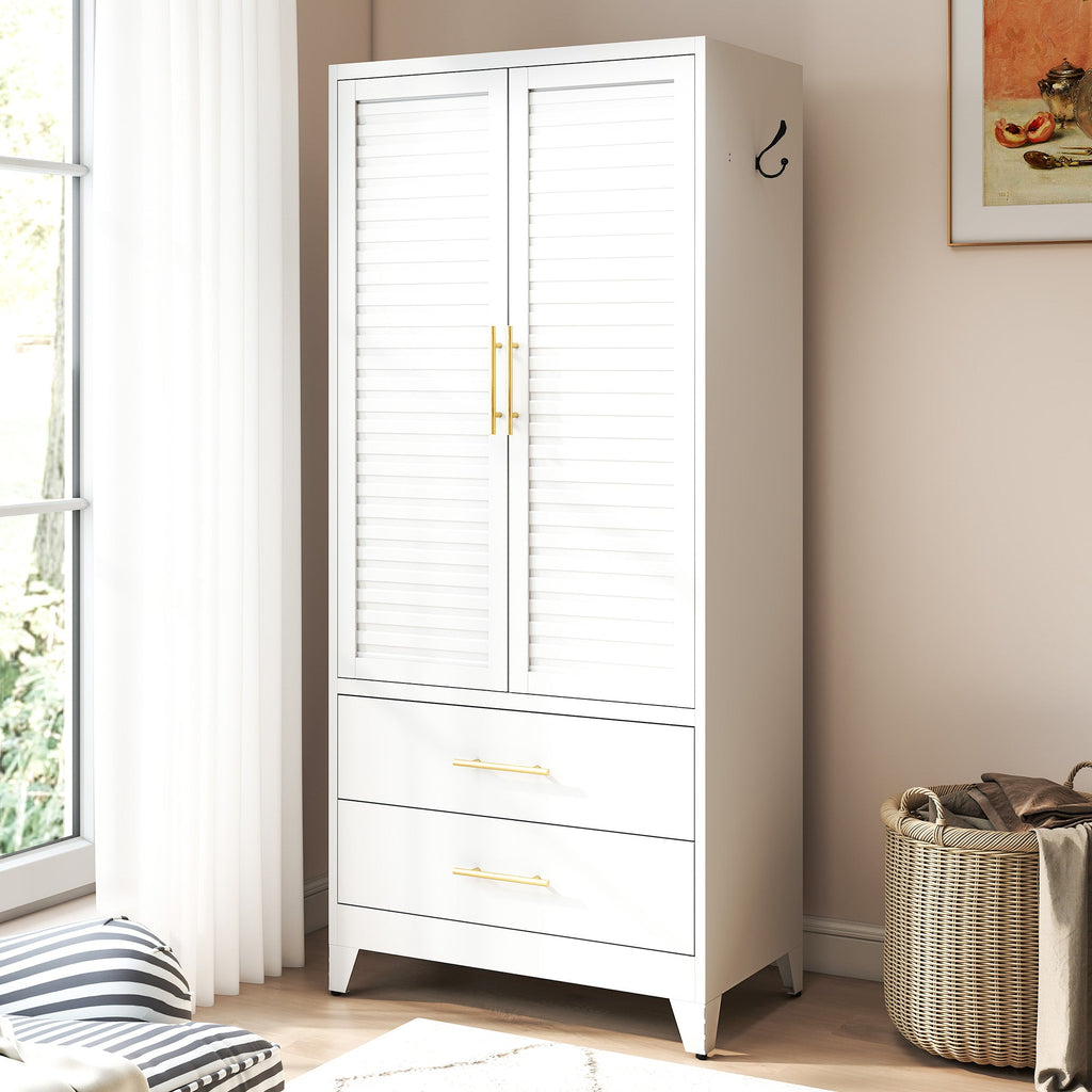 White Metal Wardrobe Closet with 2 Doors and Drawers