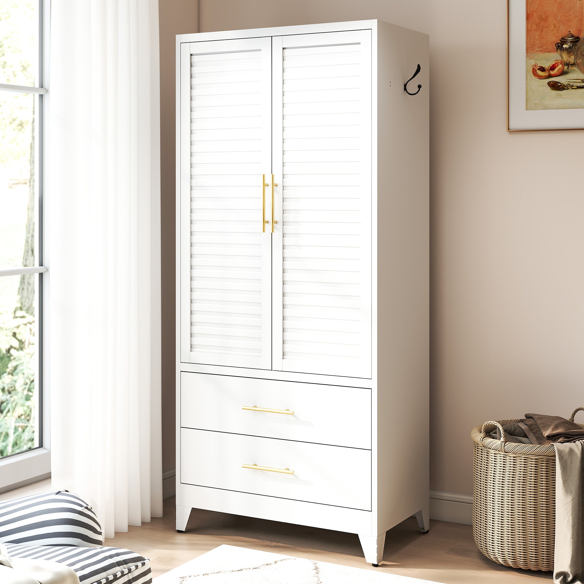 White Metal Wardrobe Closet with 2 Doors and Drawers