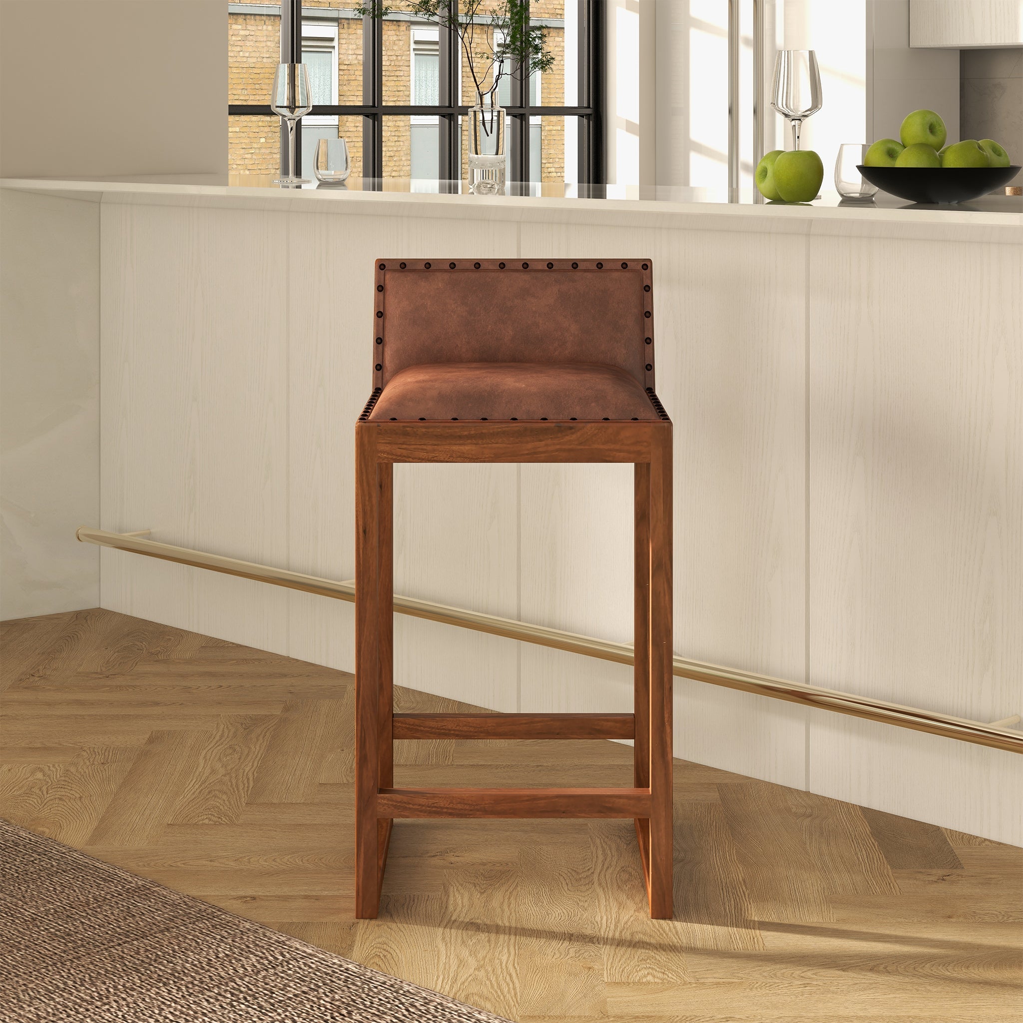 Gavin Mid-Century Modern 25'' Solid Wood Genuine Leather Counter Stool