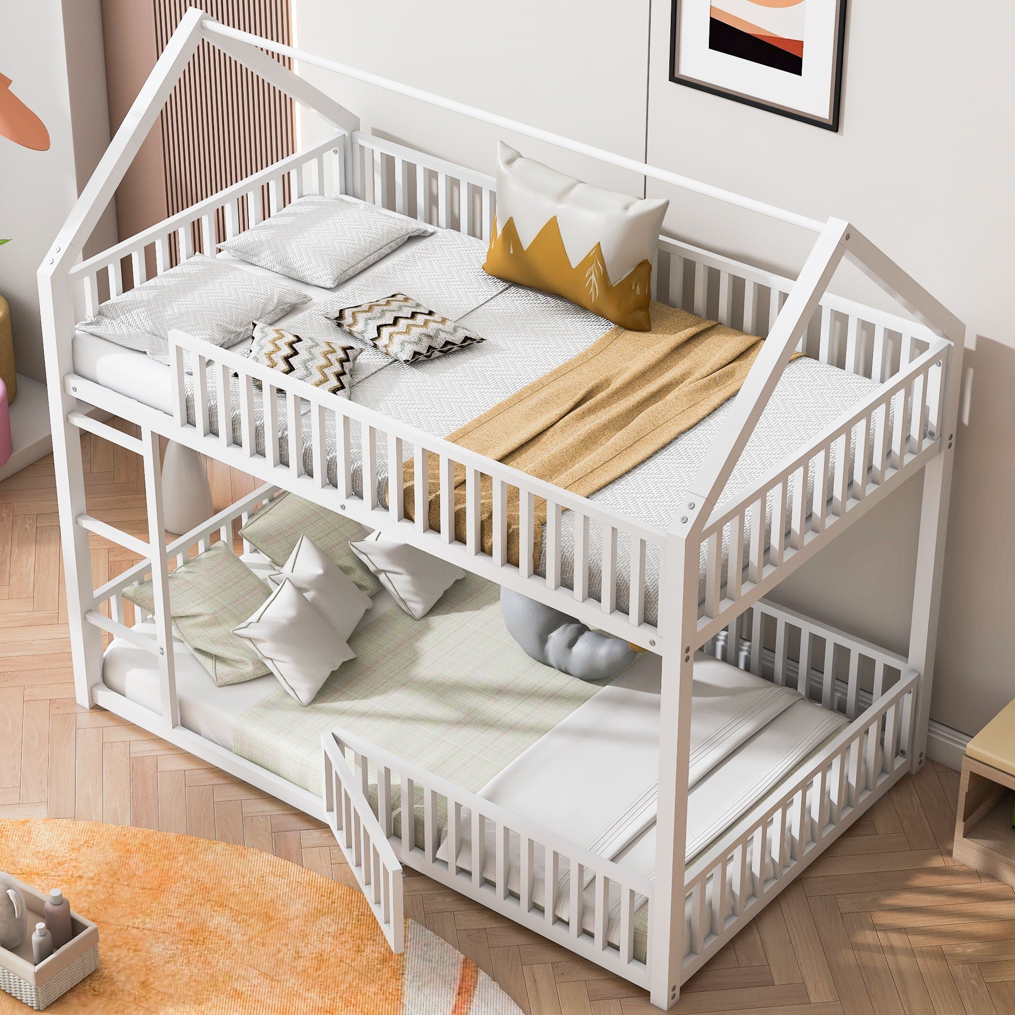 Metal House Bunk Bed With Fence And Door