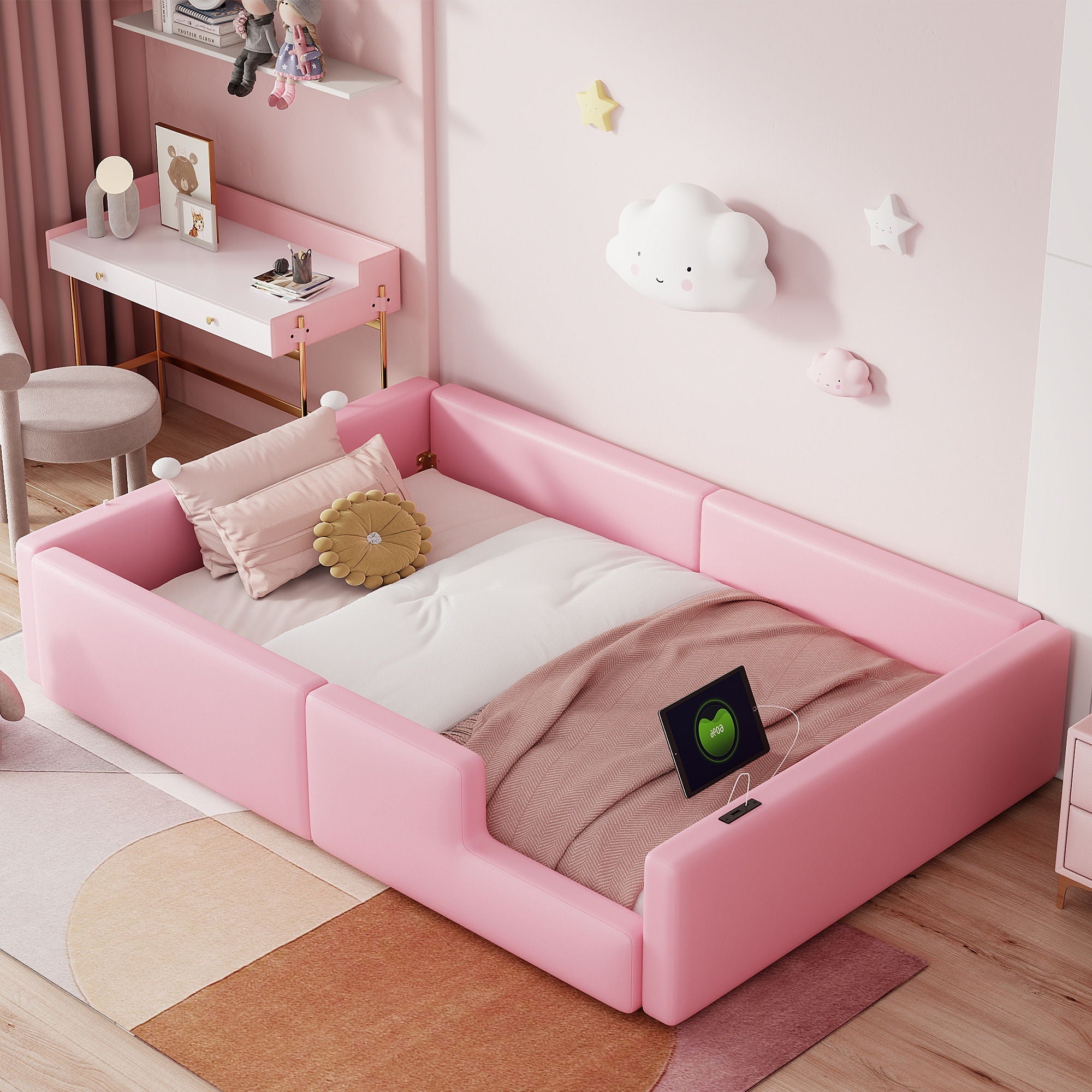 Platform Bed With Guardrail And Charging Station
