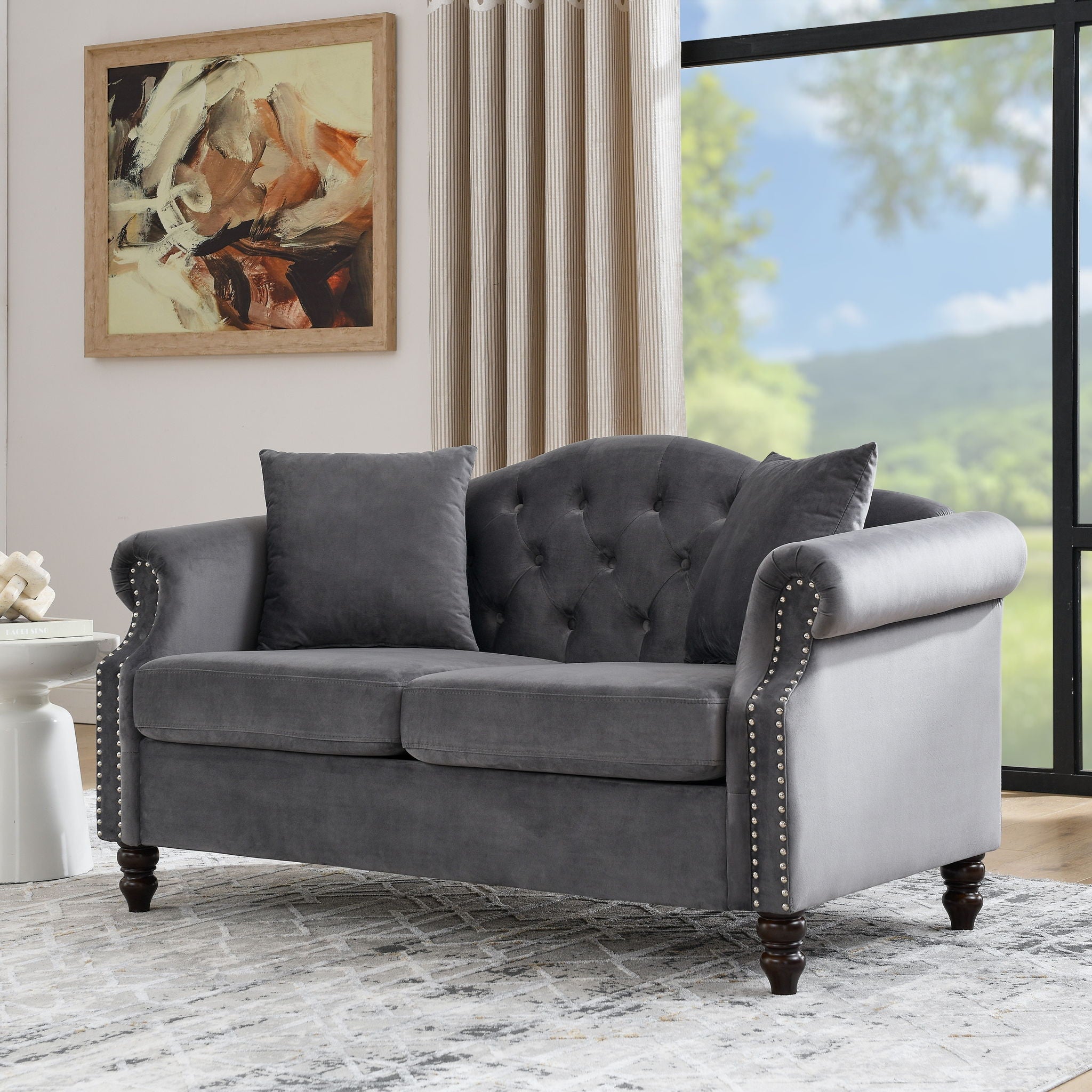 2 Seater Chesterfield Sofa With Rolled Arms And Nailhead Trim For Living Room