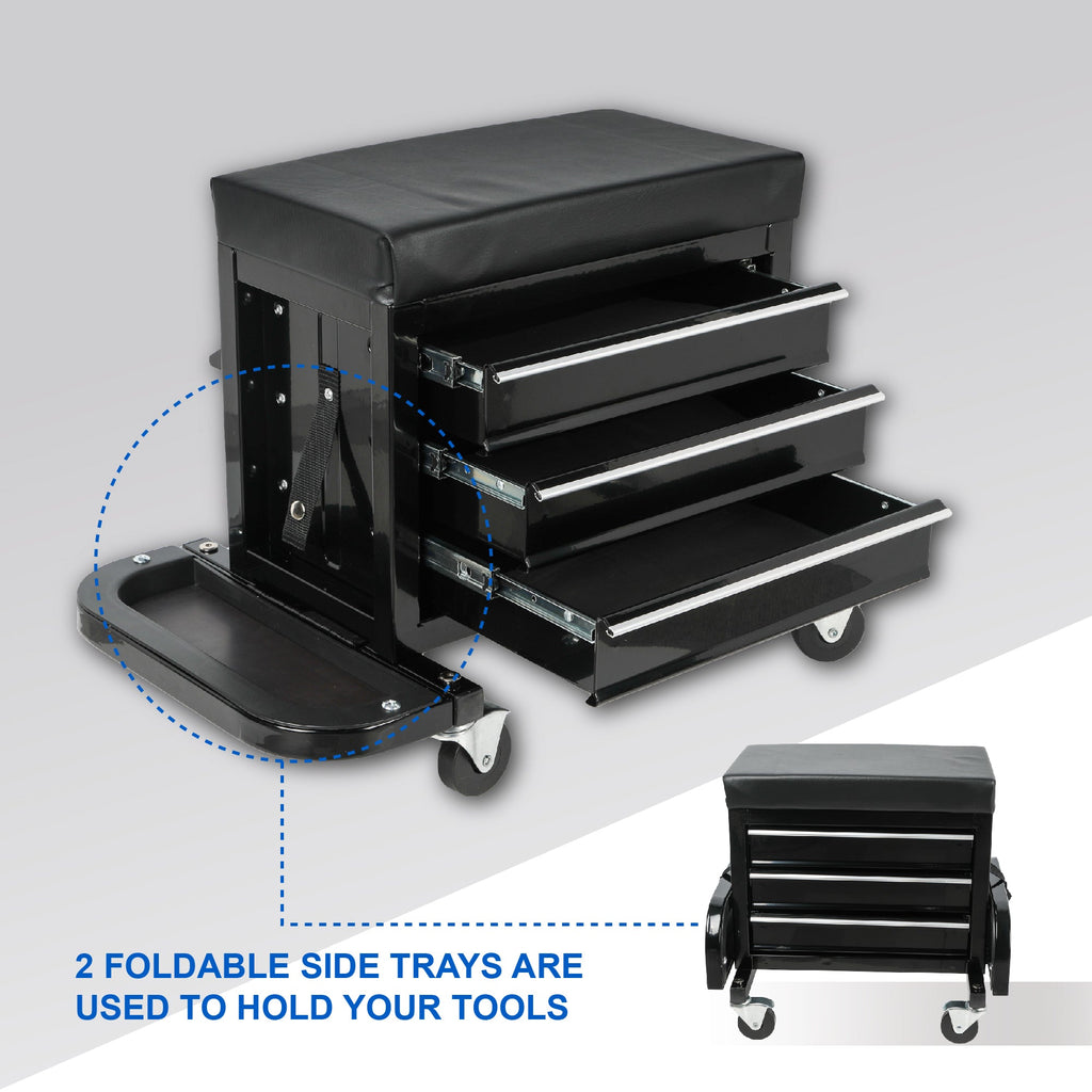 3-Drawer Tool Chest Rolling Mechanic Seat with Tool Trays