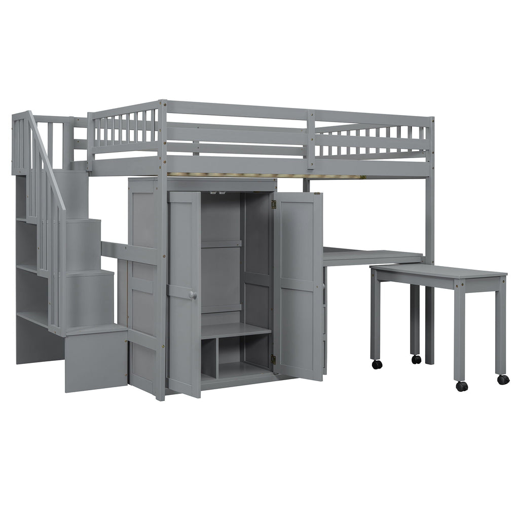 Loft Bed With Stairs, Bookshelf, Drawers, Desk & Wardrobe, Space Saving Multifunctional Furniture
