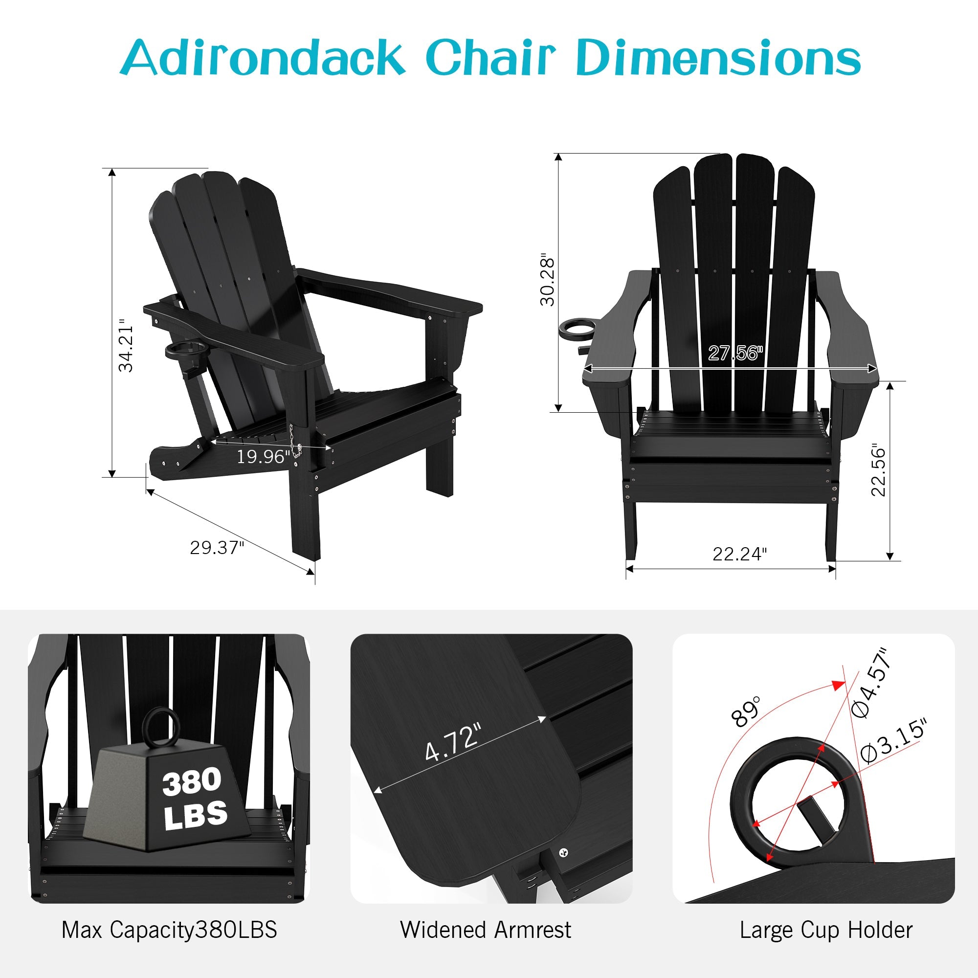 Adirondack Chairs Set of 2, Plastic HDPE Folding Outdoor Chairs with Cup Holder