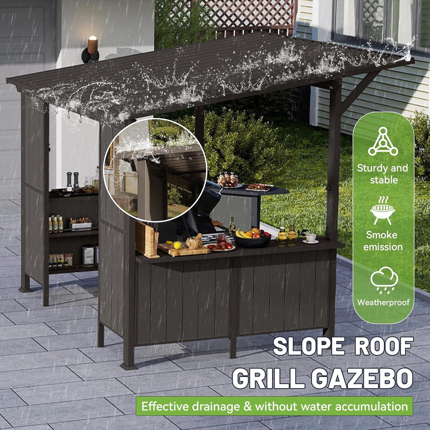 9X10FT Hardtop Grill Gazebo, Lean To Outdoor BBQ Gazebo with Storage Shelves and Expansion Platform