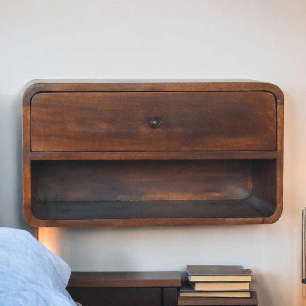Solid Wood Large Curve Floating Bedside, 1-Drawer, 1 Open Slot, Chestnut
